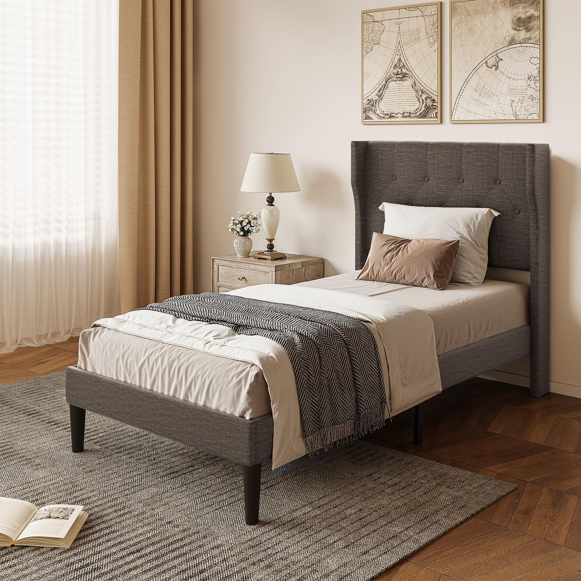 BEALIFE Polsterbett 90x200 cm Einzelbett mit Wingback-Kopfteil & Lattenrost | Modernes Stoffbett in Dunkelgrau/Beige | AF14