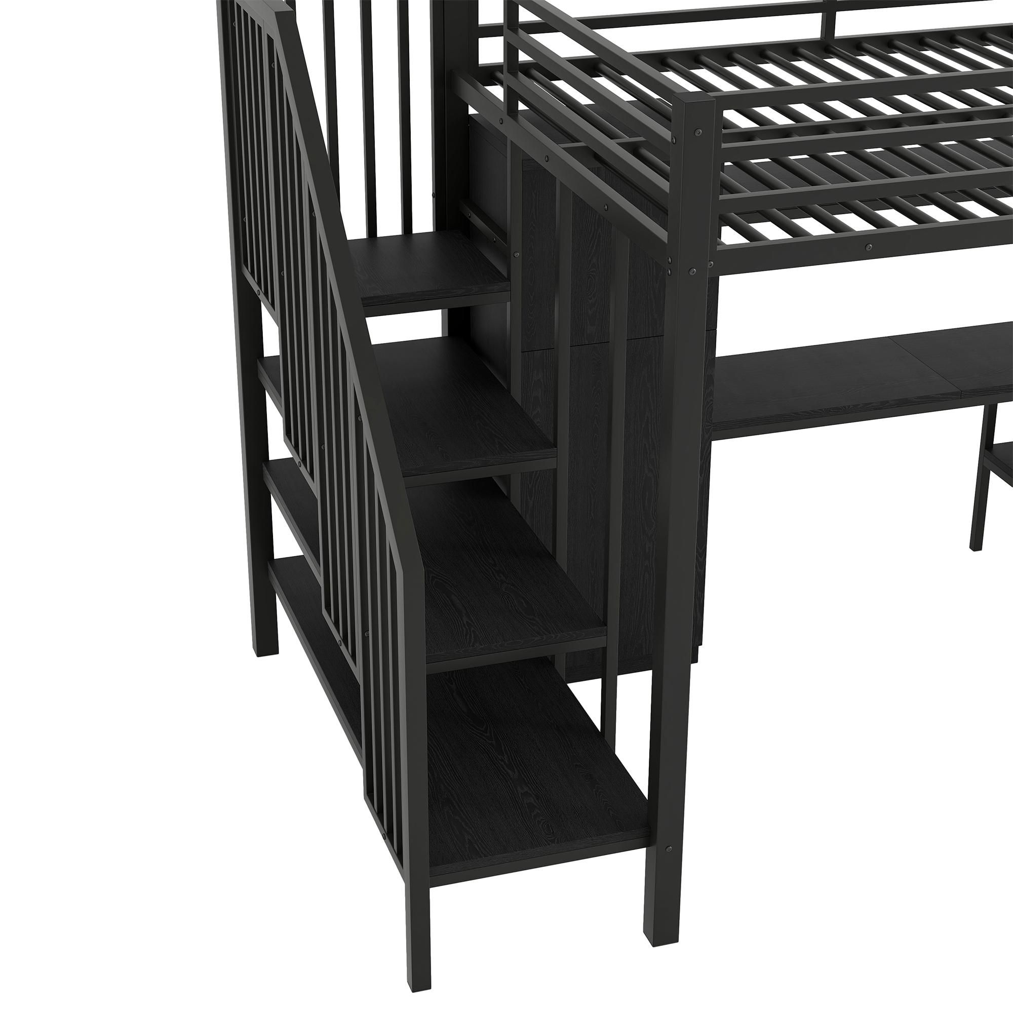 Merax Etagenbett Hochbett 140x200, mit Schreibtisch, Regal, Kleiderschrank, Stauraumtreppe, Eisenbett, Stockbett, Jugendbett, Einzelbett, Schwarz