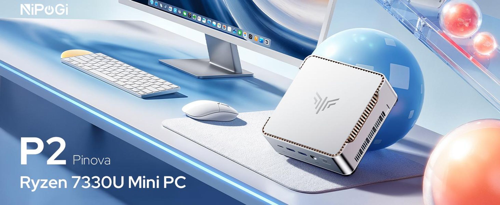 NiPoGi P2 Mini PC W-11 Pro, АMD Ryzen 7330U(4C/ 8T, bis zu 4,30 GHz)16 GB LPDDR4X 256 GB M.2 SSD Mini Desktop Computer mit 4K Triple Display, HDMI 2.0