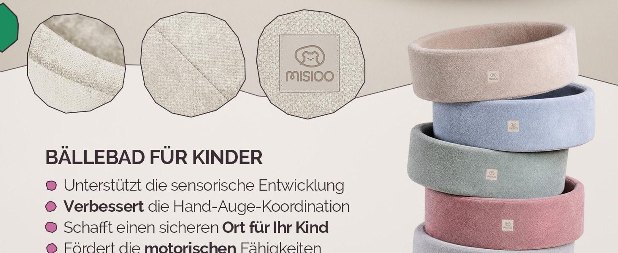 MISIOO Bällebad Baby 90x30 cm mit 200 Bällen Ø6 cm – Kinder Bällebad Rund, Weicher Schaumstoff, Bezug Abnehmbar Waschbar, Indoor Spielpool