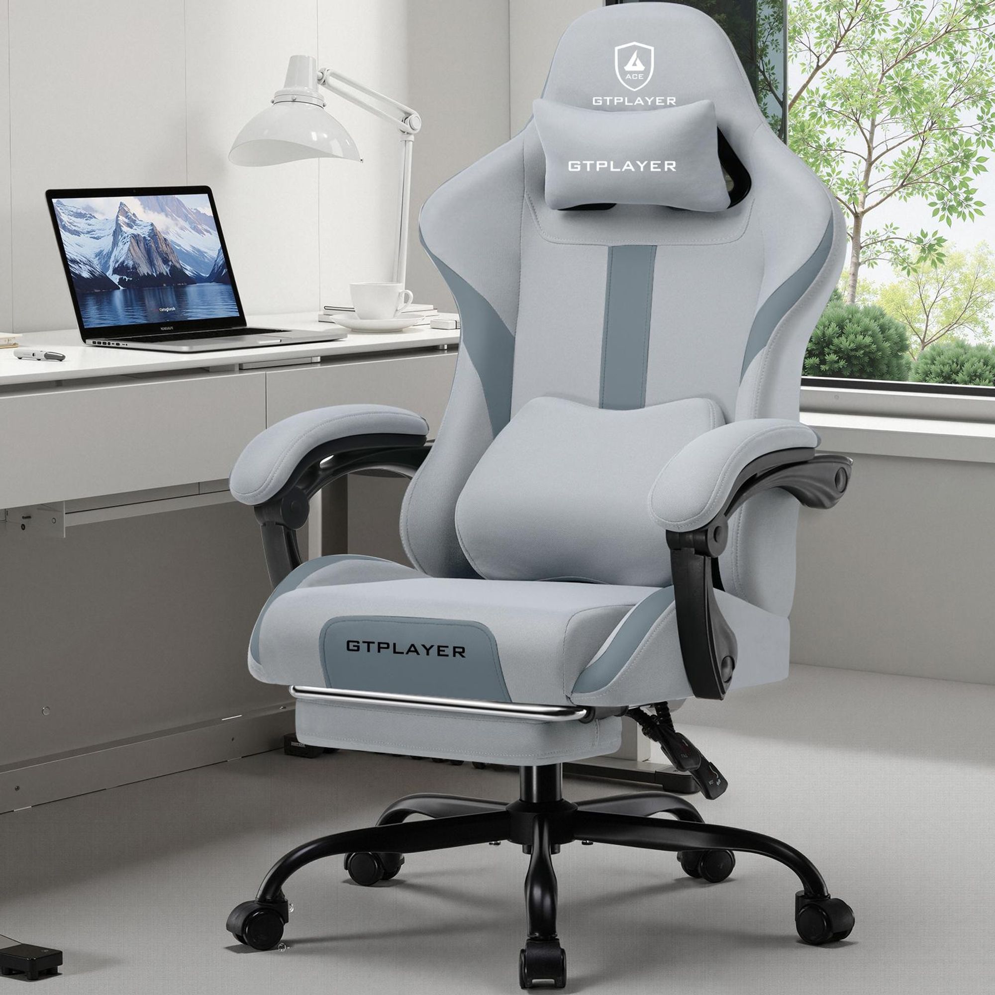 GTPLAYER Gaming Stuhl Ergonomischer Gaming Sessel Schreibtischstuhl mit Stoffoberfläche Atmungsaktiver Bürostuhl Federsitzkissen mit Fußstütze grau