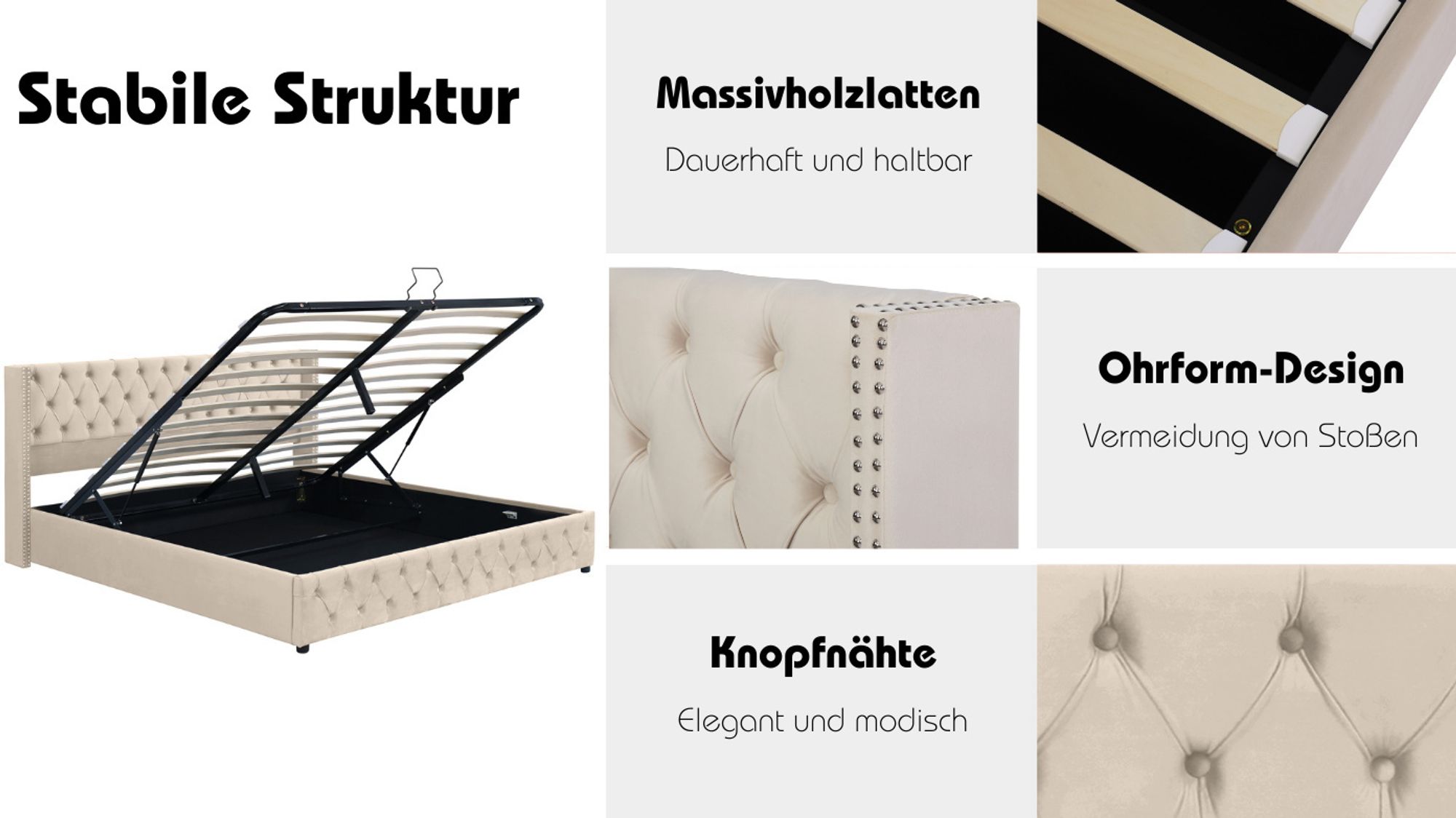 okwish Polsterbett 180*200cm Hydraulisches Doppelbett mit Stauraum, Bettkasten, Doppelte Nietenreihe Flanell, ohne Matratze- Beige