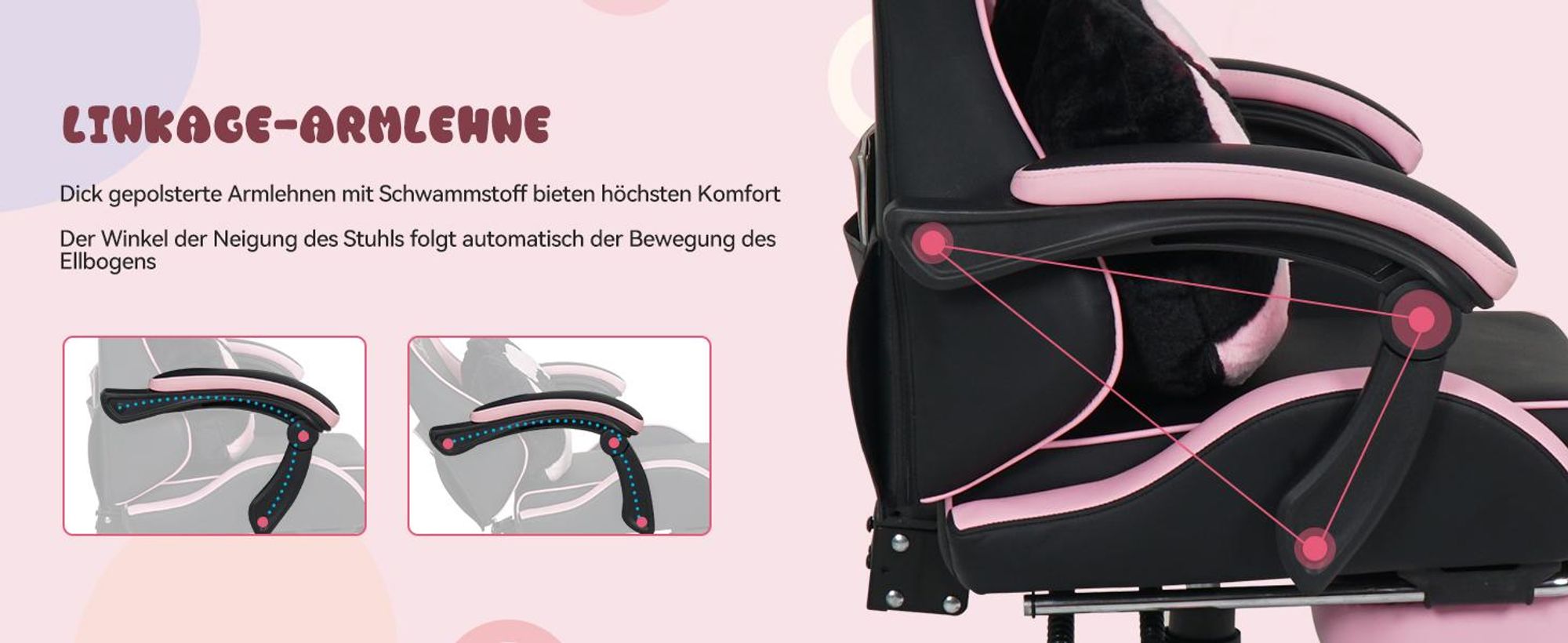 Puluomis Gaming Stuhl mit Fußstütze, Bürostuhl Chefsessel Schreibtischstuhl Racing Stuhl ergonomisch drehbar höhenverstellbar Katze Schwarz Pink