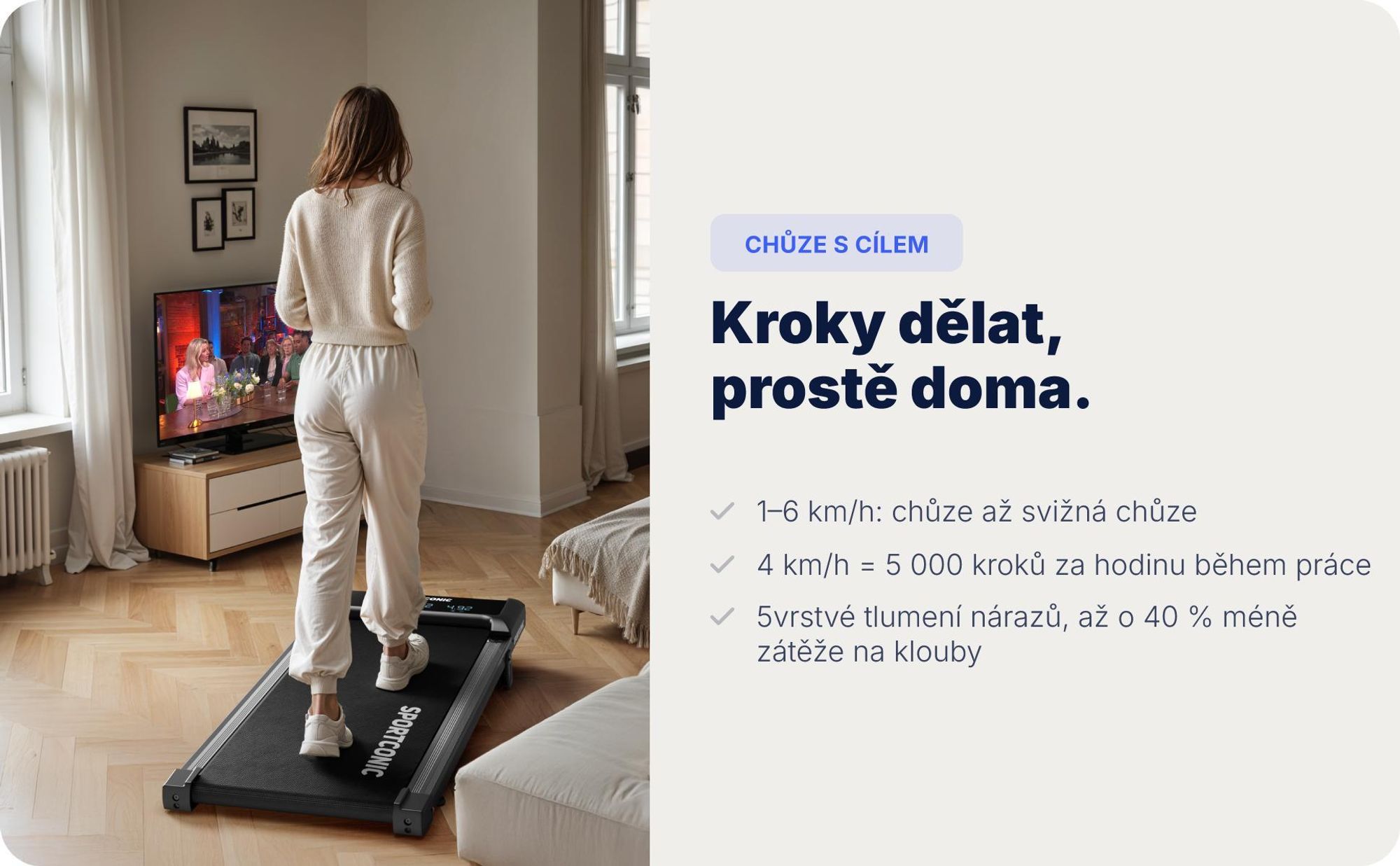 Sportconic Walking Pad chodící pás pro domácnost & kancelář – tichý, s 6 % sklonem, úsporný, LED displej