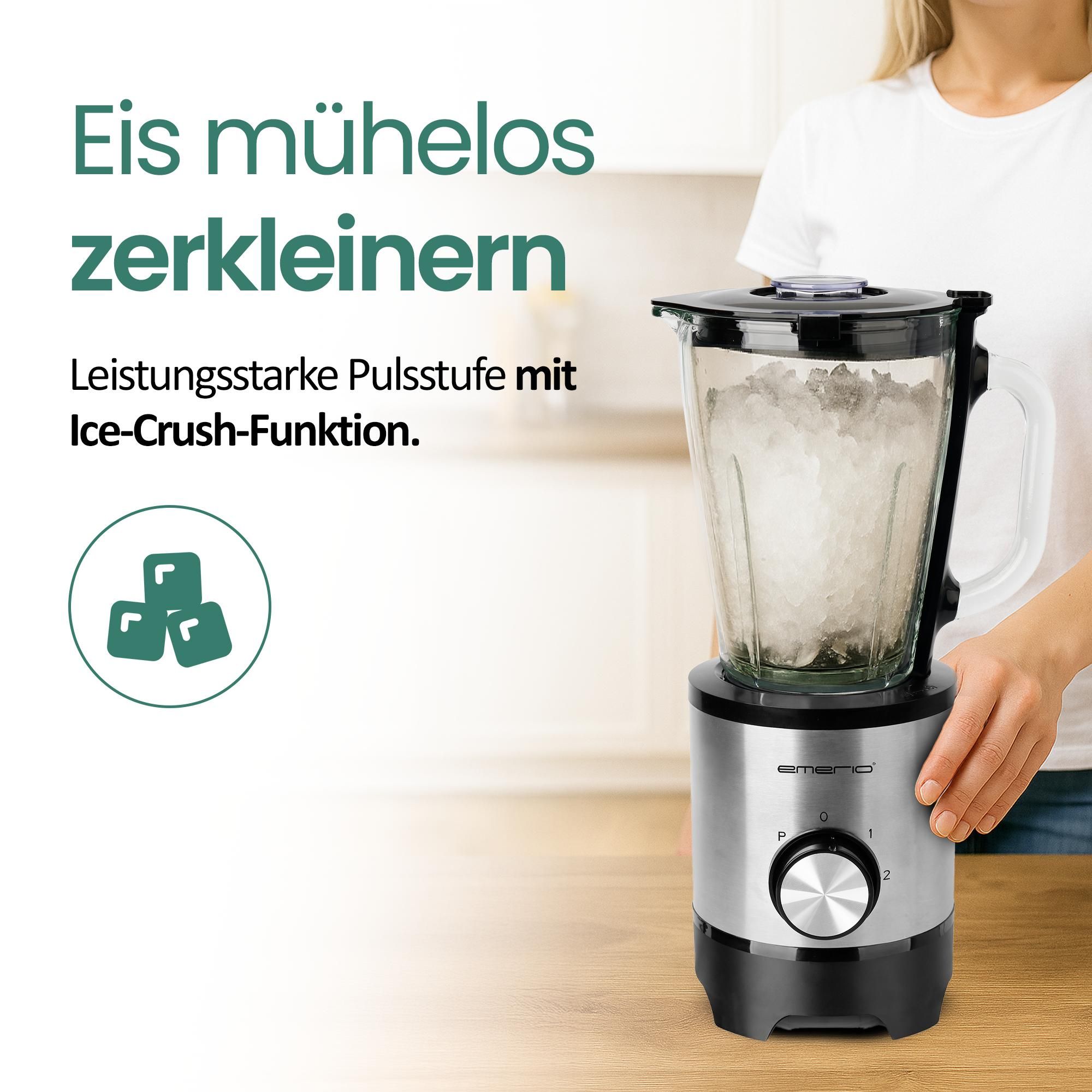 Emerio Edelstahl-Blender – 1,5 L Fassungsvermögen – Smoothie-Maker mit Glaskanne – 500 W – BL-130988 – Schwarz / Silber