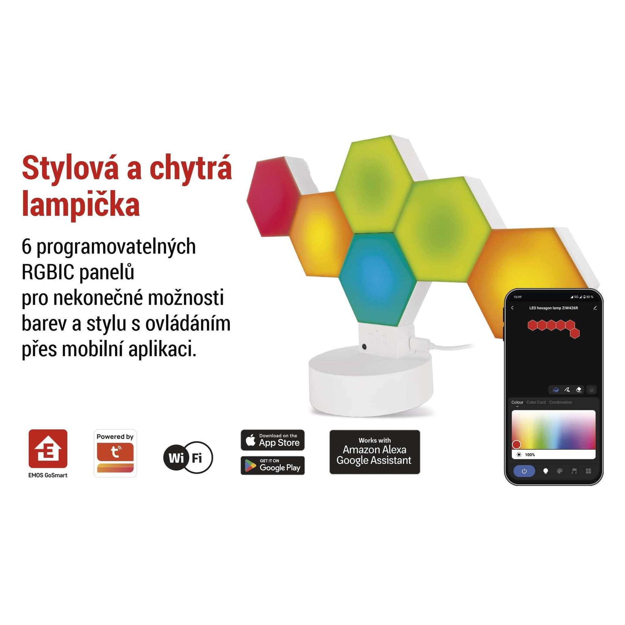 EMOS Smart Hexagon stolní a nástěnná lampa, 6 šestiúhelníkových prvků 2 v 1, WiFi+App, RGBIC, stmívatelná, hlasový asistent, USB kabel, bílá, ZIW426R