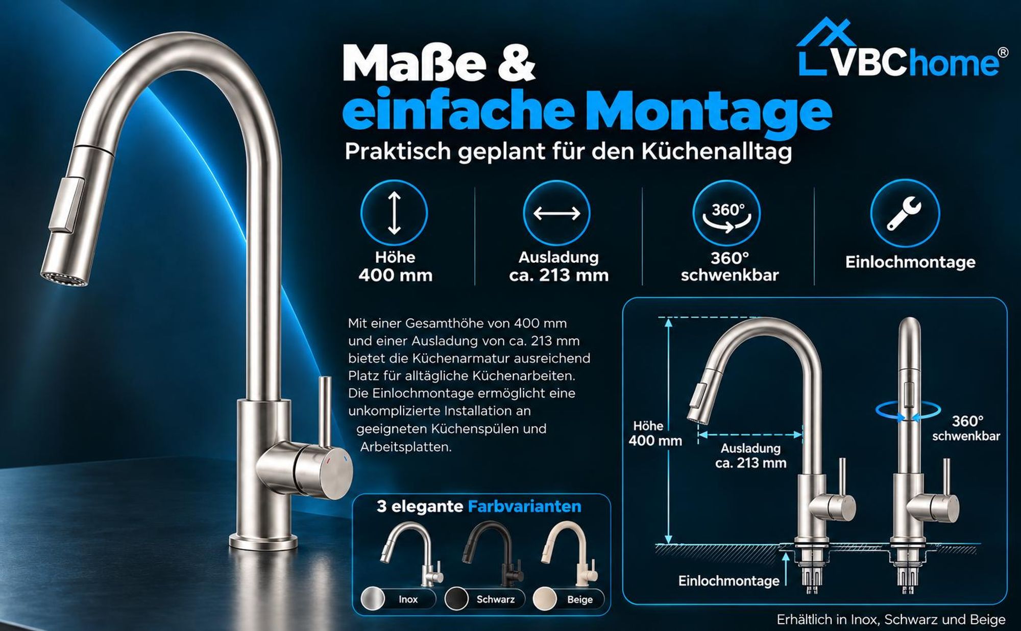 VBChome Küchenarmatur Beige mit ausziehbarer Brause 360° schwenkbar 2 Strahlarten Keramikkartusche Einhebelmischer Höhe 400 mm