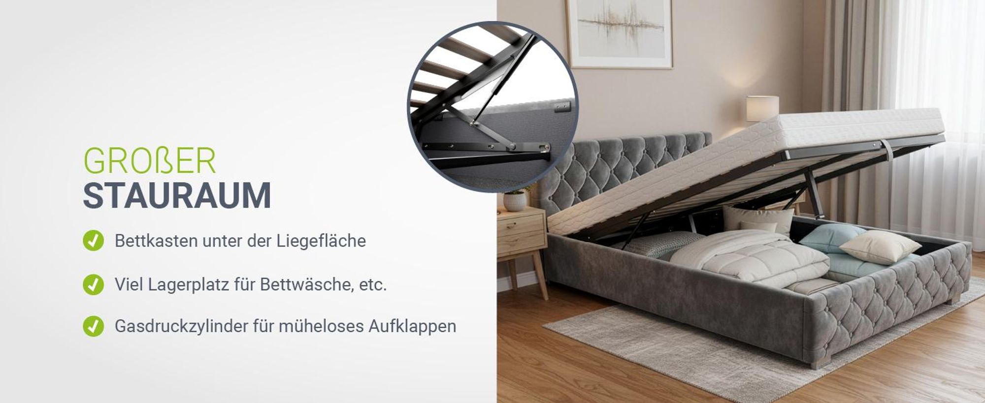 Juskys Polsterbett Nizza 140x200 cm Grau - Bettgestell mit Lattenrost, Stauraum & LED Beleuchtung - Bett mit Samtbezug & Chesterfield-Steppung