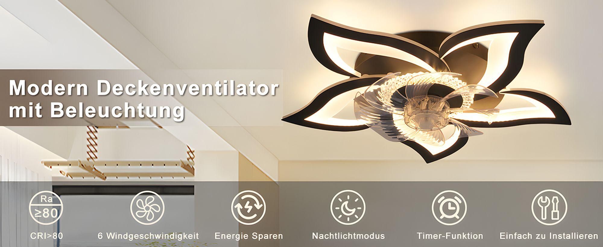 ZMH LED stropný ventilátor, stropné svietidlo s ventilátorom, tichý, s diaľkovým ovládaním, stmievateľný, 3 farebné teploty, 6 rýchlostí, časovač, stropné svietidlo 48 W, čierne, do obývacej izby