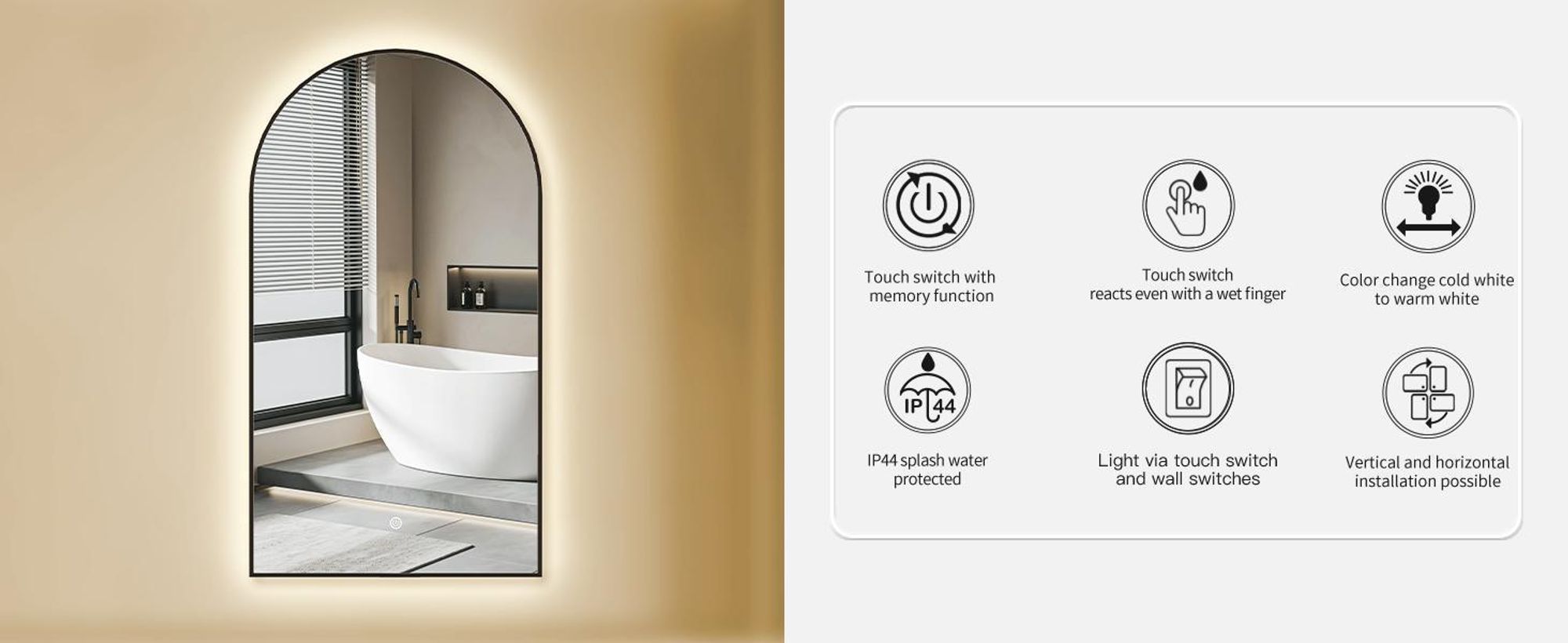 HOKO Miroir de salle de bain arc LED 60x100cm avec cadre métallique, montage HAUT+QUI, miroir lumineux Arch+interrupteur tactile+lumière changeant 2700-6500K, blanc chaud-froid