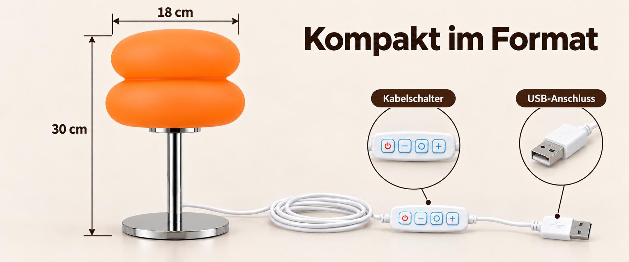 LED-Nachttischlampe im Retro-Design, dimmbare Tischleuchte mit 3 Lichtfarben und Kabelschalter, USB-betrieben, 5 W, Dekotischlampe, Orange