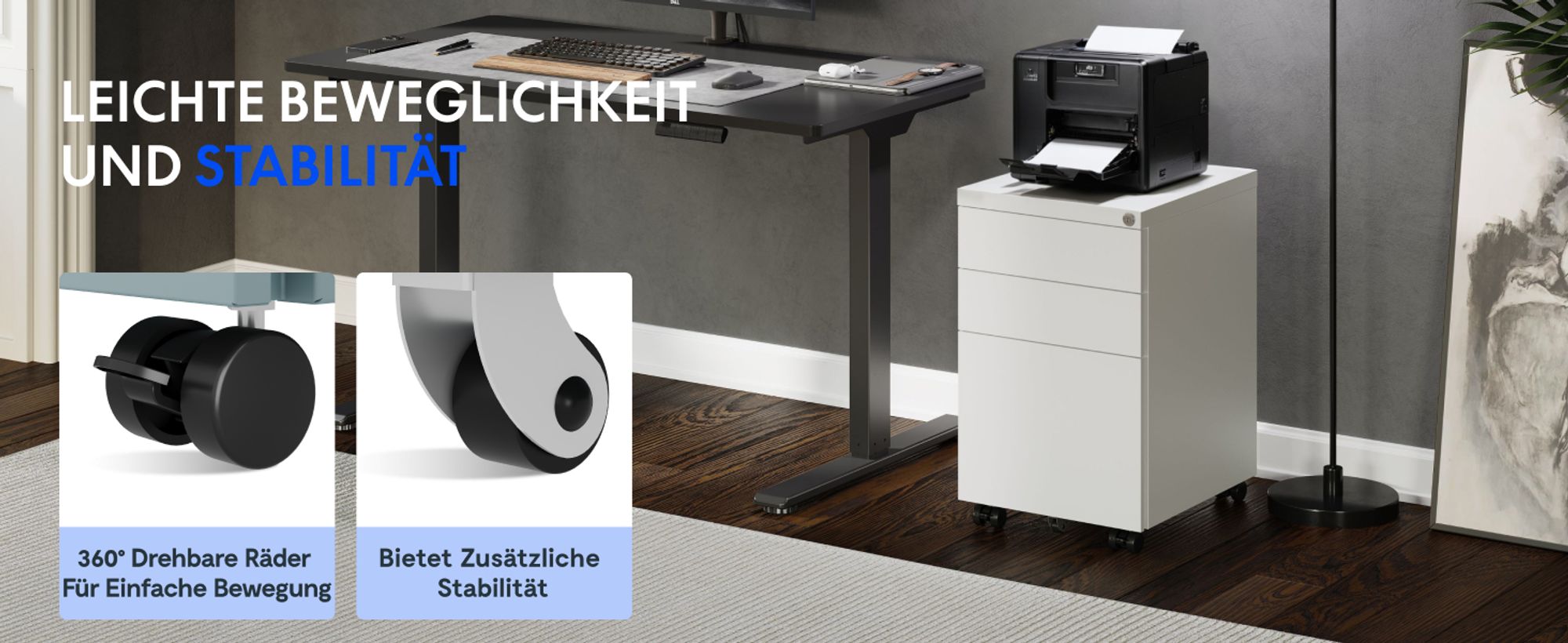 FLEXISPOT Aktenschrank CB23 Rollcontainer – Mobiler Büroschrank mit 3 Schubladen, Schloss, Leise-Schienen & Anti-Kipp-Rädern für Büro & Zuhause Rosa