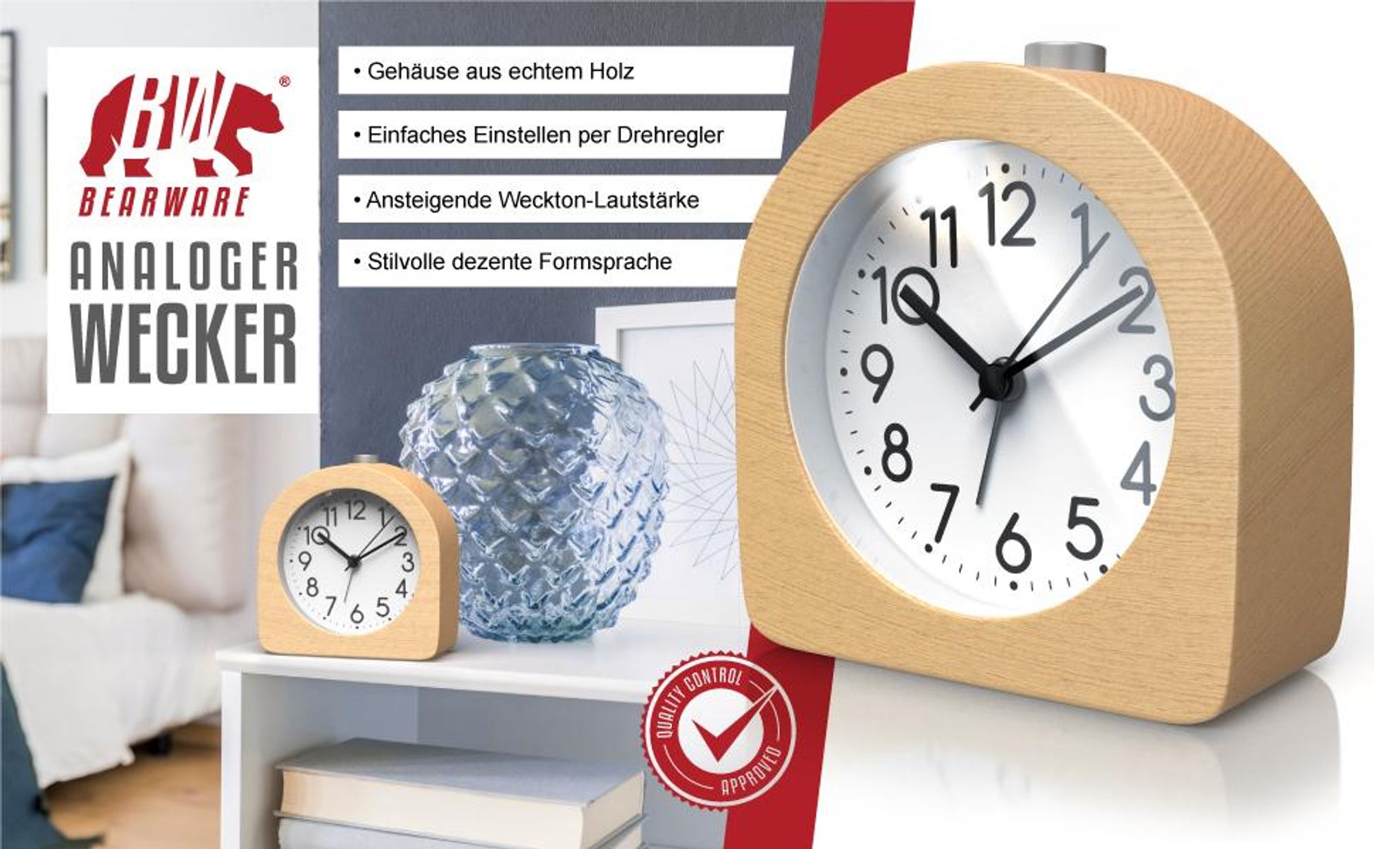BEARWARE Wecker analog ohne Ticken – halbrund - Holz hell – Retro Design – beleuchtetes Ziffernblatt mit Licht – lautlos - Reisewecker - Weckton - Snoozetaste Schlummerfunktion – batteriebetrieben