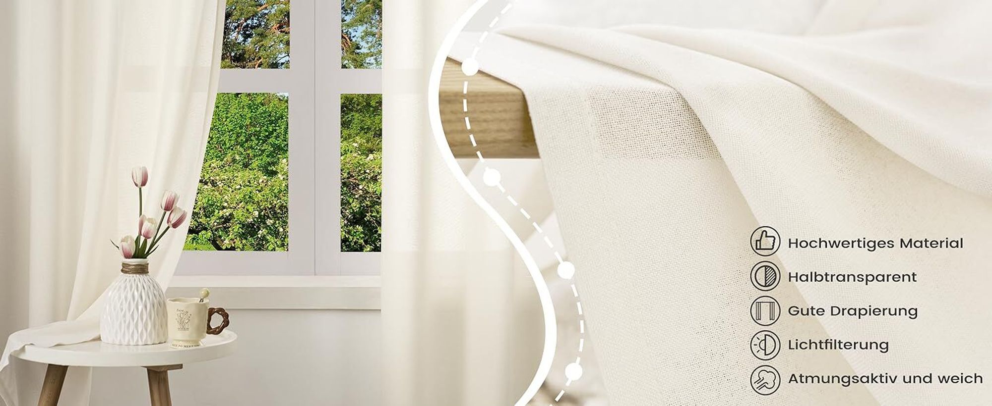 WOLTU 2er Set Leinenvorhänge mit Ösen Halbtransparent 245x135 cm Modern Creme