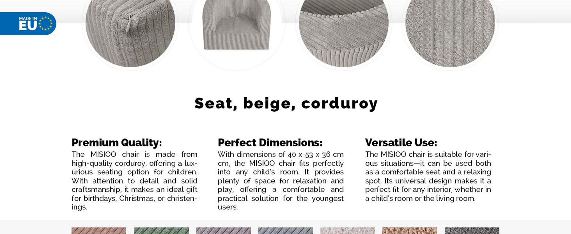 MISIOO Dětské křeslo od 1 roku - Dětské křeslo Corduroy Premium - stabilní a měkké - ergonomicky polstrované - 40x53x36 cm