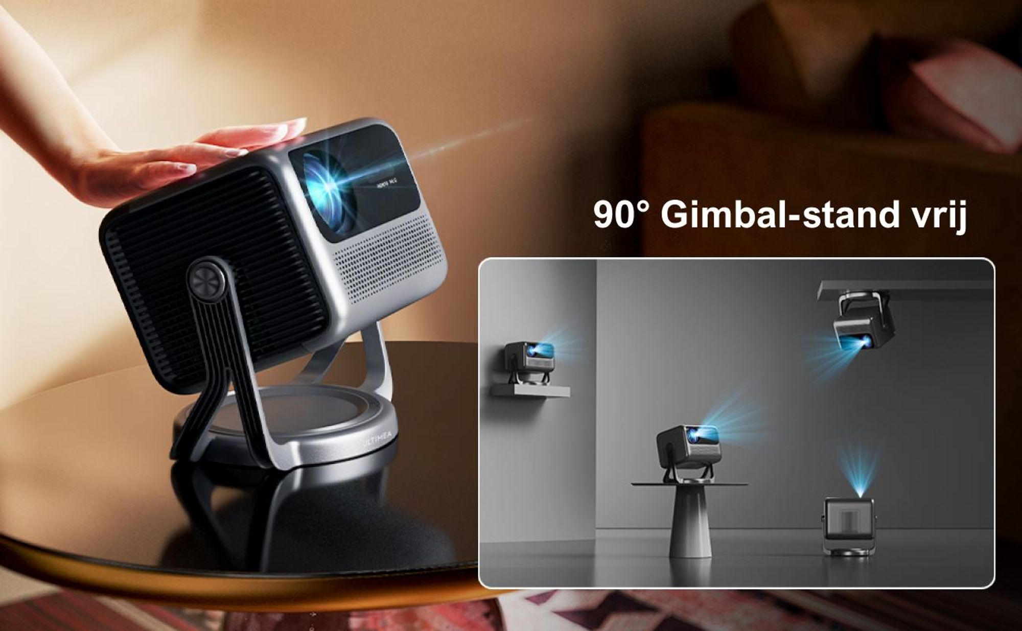 ULTIMEA Nova C40 beamer met 4K-decodering en Android TV 11.0. Beamer met een contrastratio van 1000:1, Dolby Audio, 600 ANSI lumen, HDR10 & HLG, en een 90° gimbal ontwerp zonder statief nodig