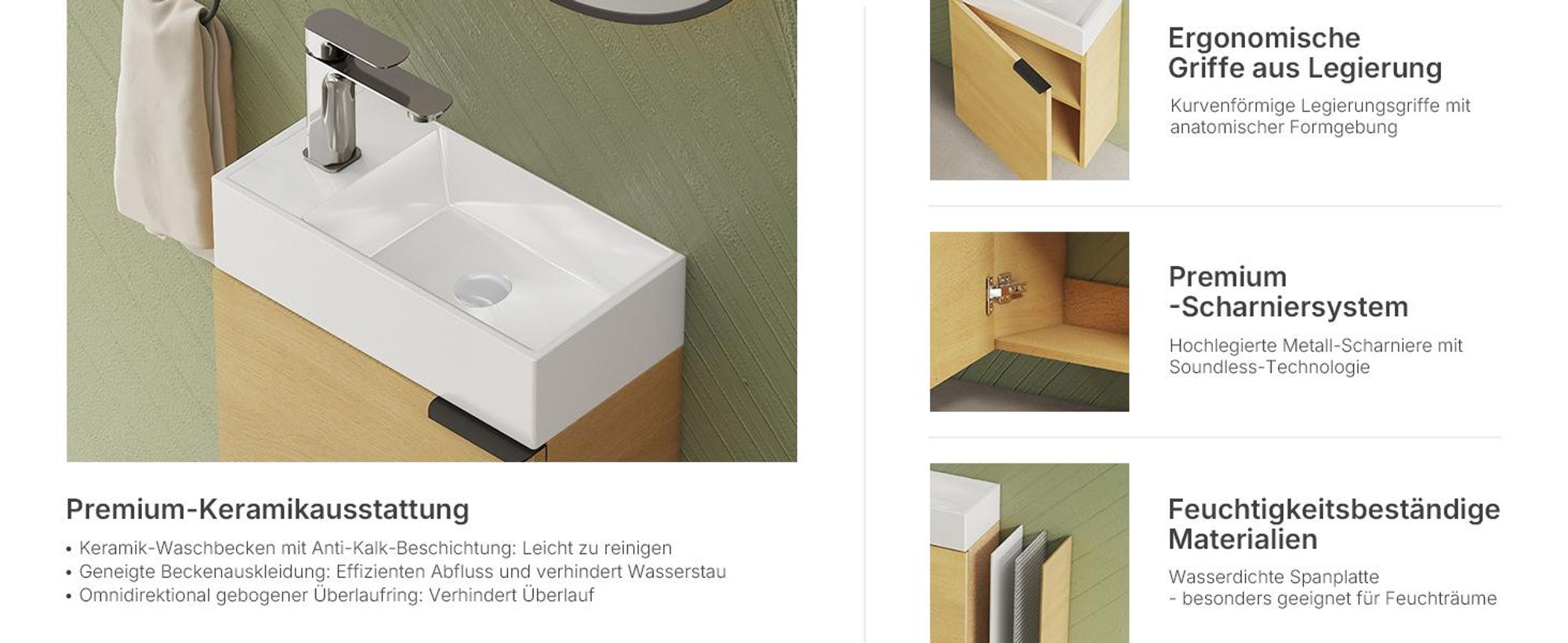 EMKE Waschbeckenunterschrank mit waschbecken 417×240×646 mm inkl. Armatur, Badmöbelset Waschtischunterschrank verstellbarer Einlegeboden Eiche Natur