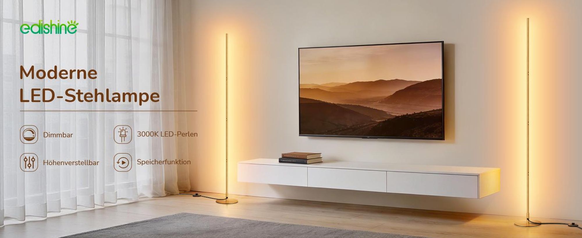 EDISHINE Stehlampe Wohnzimmer Dimmbar, LED Stehleuchte höhenverstellbar, Gold