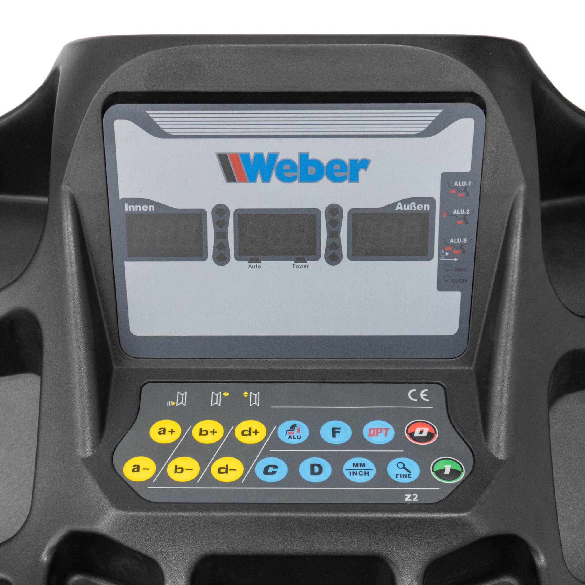 Das Bild zeigt das Bedienfeld der Weber Radwuchtmaschine STW-202.