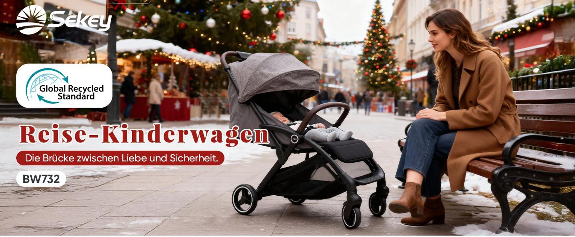 Sekey Kinder Buggy Reise Kinderwagen bis 22 kg verstellbare Rückenlehne, Regenschutz und Sichtfenster, Einhand-Faltmechanismus, Schwarz und Grau