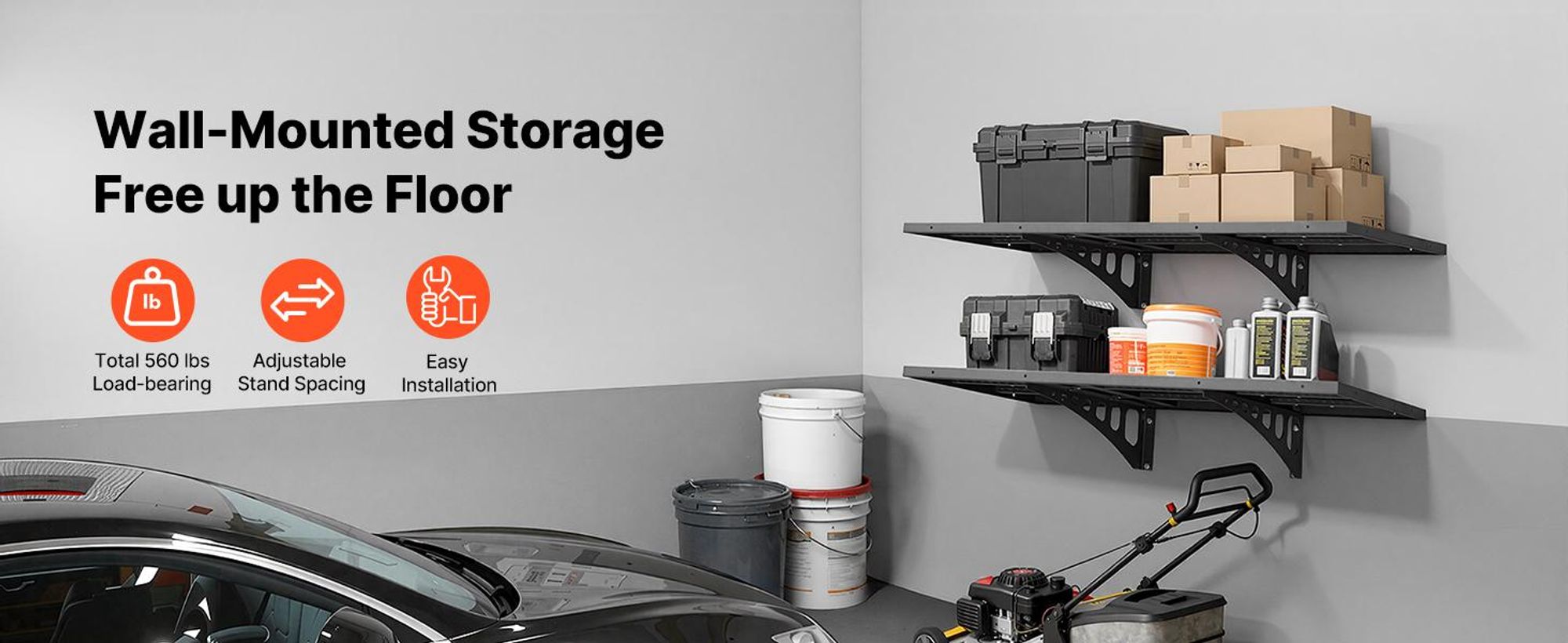 VEVOR 2-stufige Schwerlast-Wandregale für die Garage, 50 x 122 cm Stahl Wandmontierte Regaleinheit, 500 x 1219 mm pro Regal Schwimmendes Lagerregal aus Metall für die Garage mit 254 kg Gesamttragfähigkeit, Schwarz, 20x48 Zoll