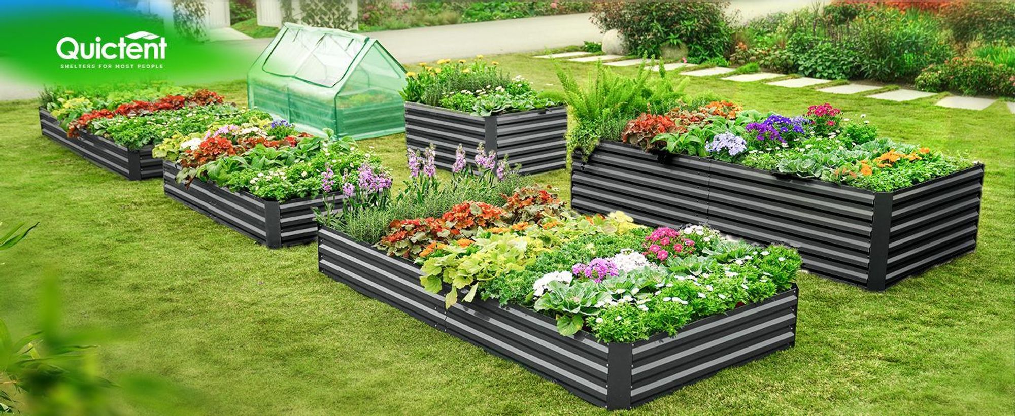 Quictent Hochbeet Metall 120 x 90 x 56cm, Kräuterbeet ohne Boden für Garten, Gemüsebeet Pflanzkasten Frühbeet mit Tomatenkäfigen, Grau