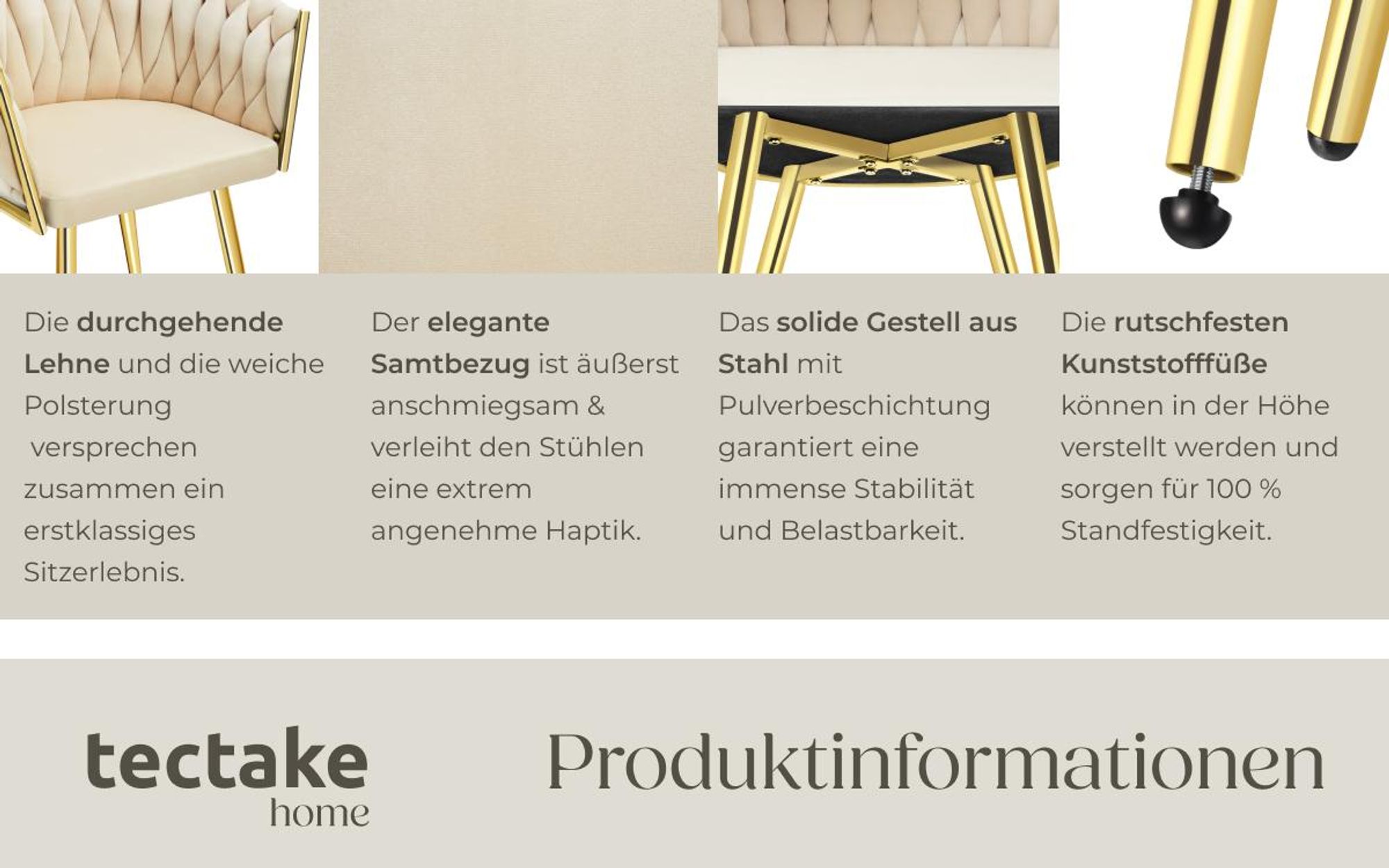 tectake® Set Esszimmerstuhl Astano gepolstert, mit Samtbezug, Knotendesign 60,5 x 55 x 75 cm