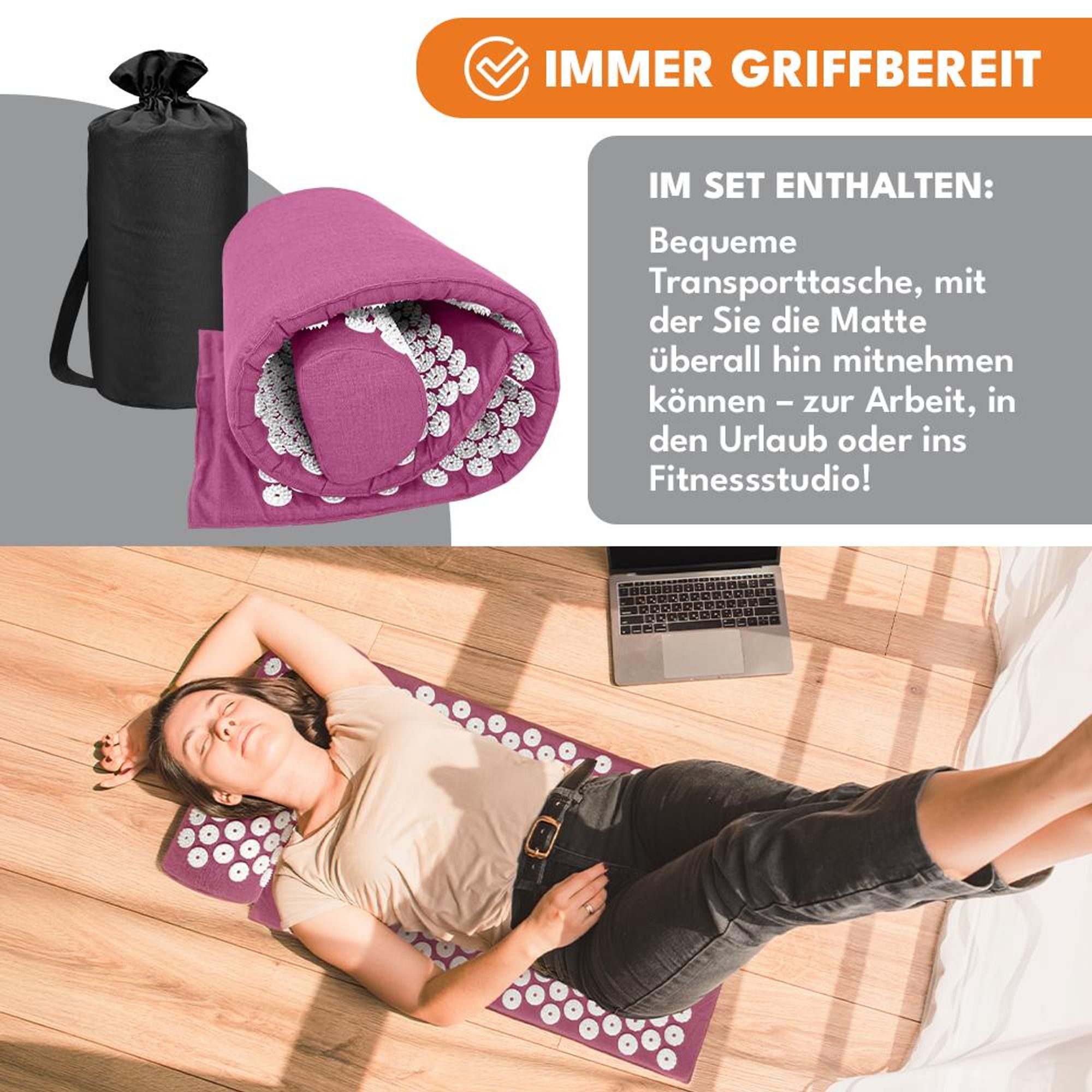 KRUMAD Akupressurmatte Set mit Kissen, inkl. Tasche, Stachelmatte für Rücken, Nacken, Wellness, Entspannung, Massagematte 60x40 cm für Zuhause