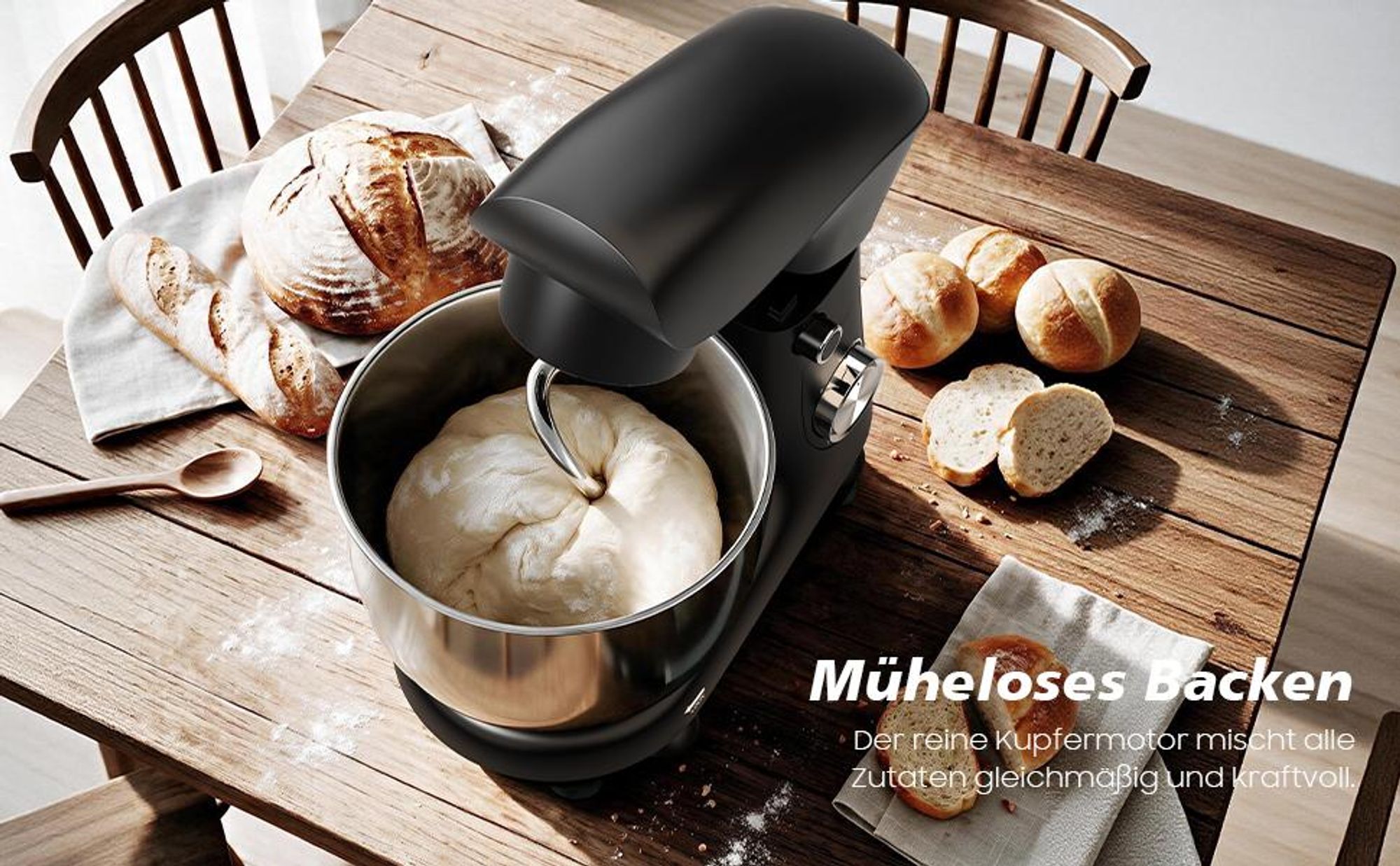 Küchenmaschine, 5L Edelstahlschüssel, Knet- & Rührmaschine, 10 Geschwindigkeiten, 600W, inkl. Knethaken, Rührhaken, Schneebesen & Spritzschutz