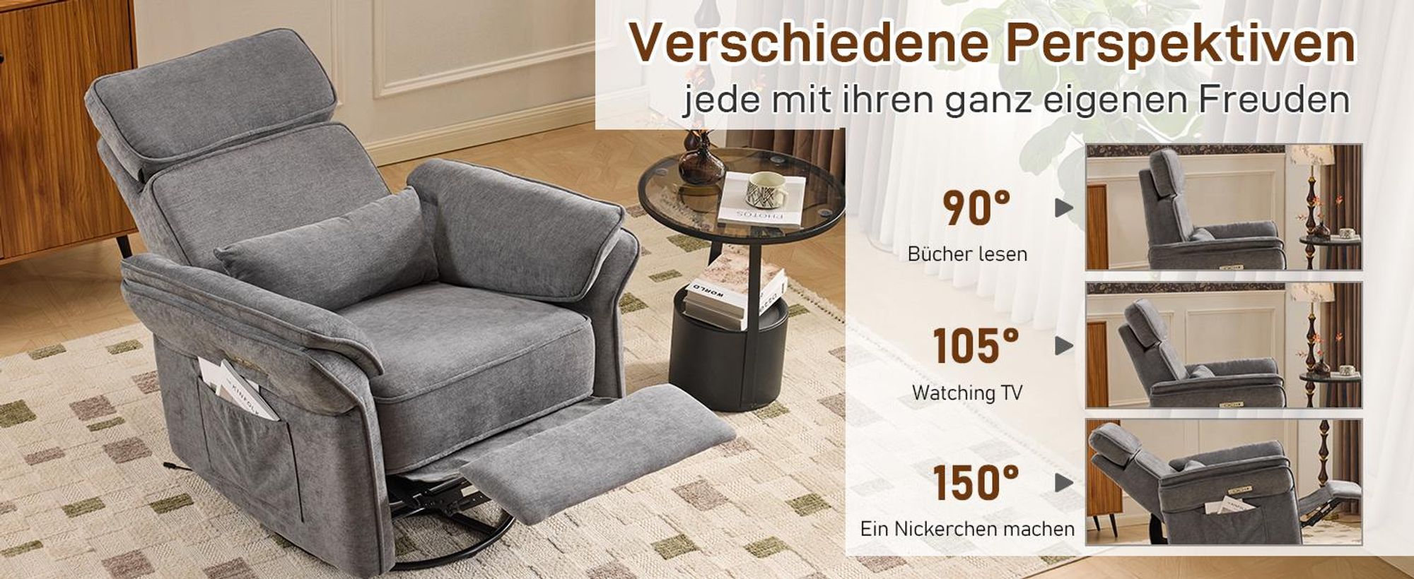 LEADZM Stillstuhl Relaxsessel Fernsehsessel, elektrischer Neigungs, 300° Drehfunktion, verstellbare Kopfkissen Armlehnen, Dunkelgrau