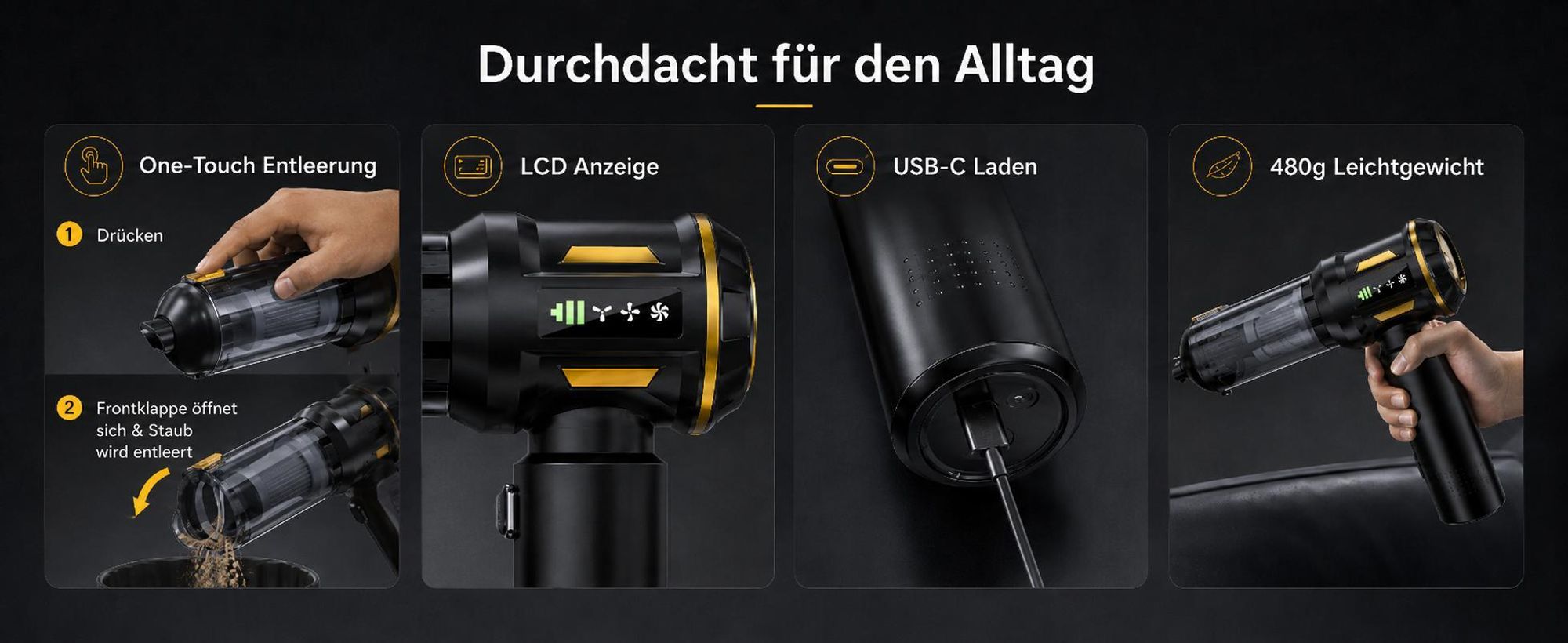 4 in 1 Autostaubsauger, Akku Handstaubsauger Kabelloser, 80.000 U/min Bürstenloser Motor, 22kPa Saugleistung, 3 Stufen, LED anzeige, für Auto Haushalt