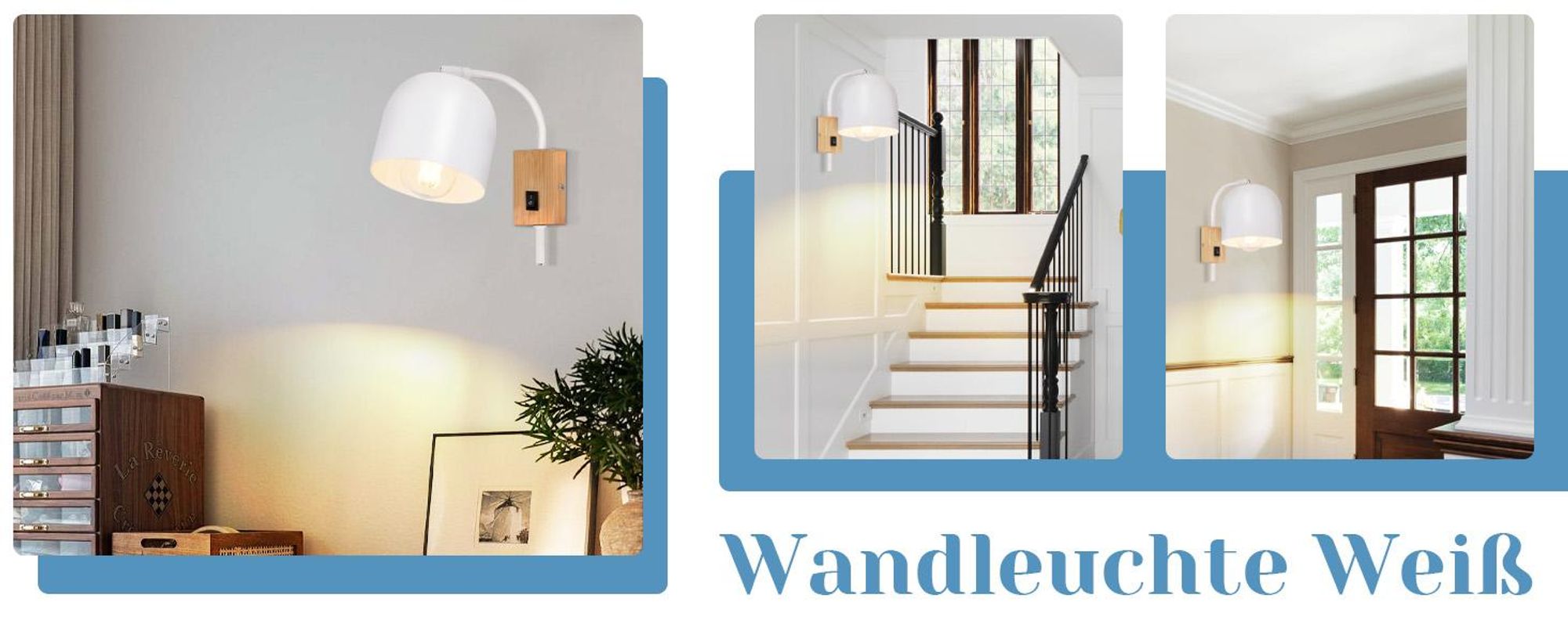 ZMH Wandleuchte Weiß Innen Holz mit Kippschalter Wandlampe Vintage E27 Metall Schwenkbar 330° Wandspots für Flur Kinderzimmer Wohnzimmer Schlafzimmer Treppe
