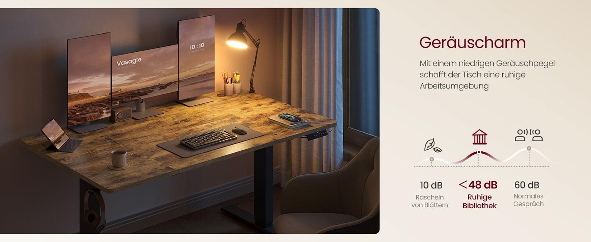 VASAGLE Höhenverstellbarer Schreibtisch, 140 cm, USB-C-Anschluss, Ablage für Steckdosenleiste, Erinnerung bei langem Sitzen, 3 Speichertasten