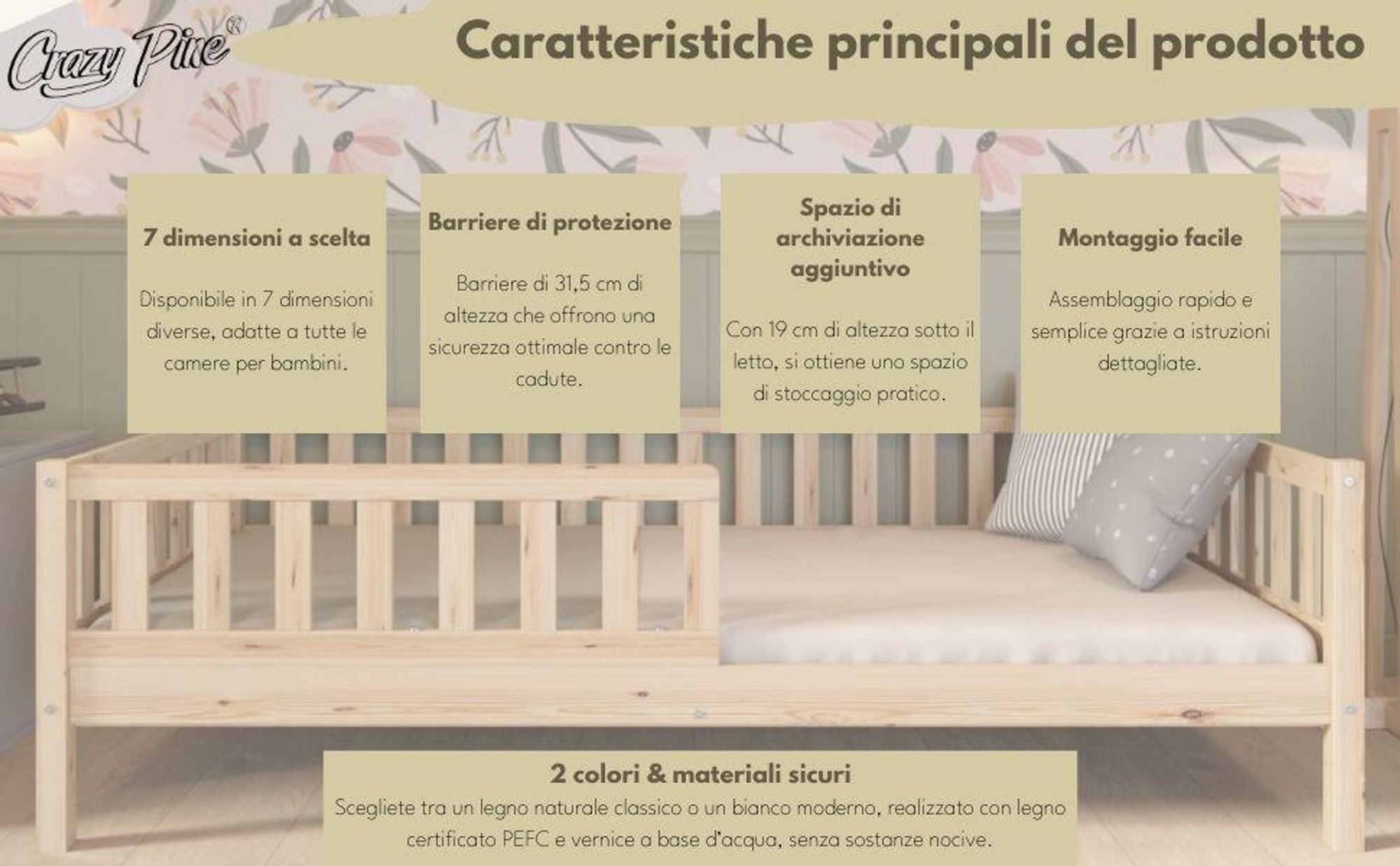 Crazy Pine Letto Alto per bambini 90x190 cm – Letto Montessori in legno massiccio con protezione anticaduta e spazio libero sotto – Crazy Basic