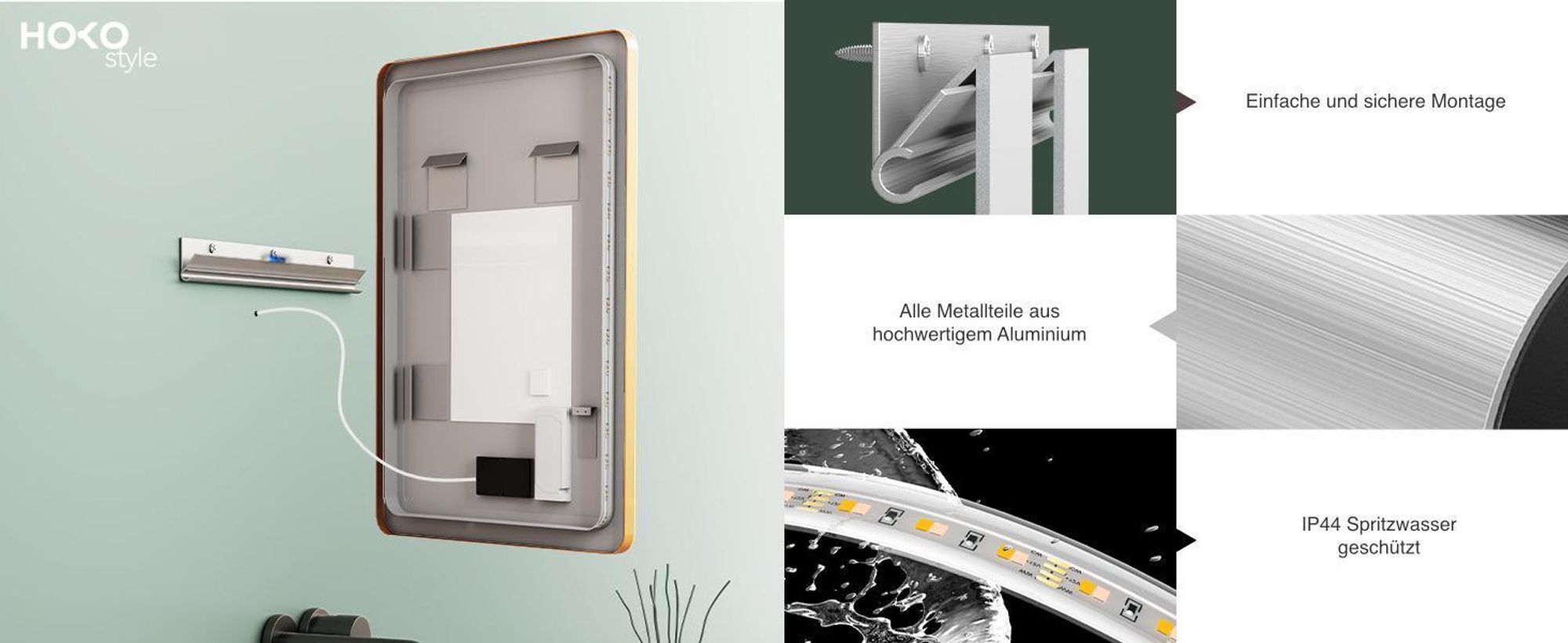 HOKO Badspiegel Antibeschlag LED 60x80cm mit Rahmen HOCH+QUER Montage Touch Schalter+Licht Wechsel Warmweiß-Kaltweiß-Neutral Wandschalter einschaltbar