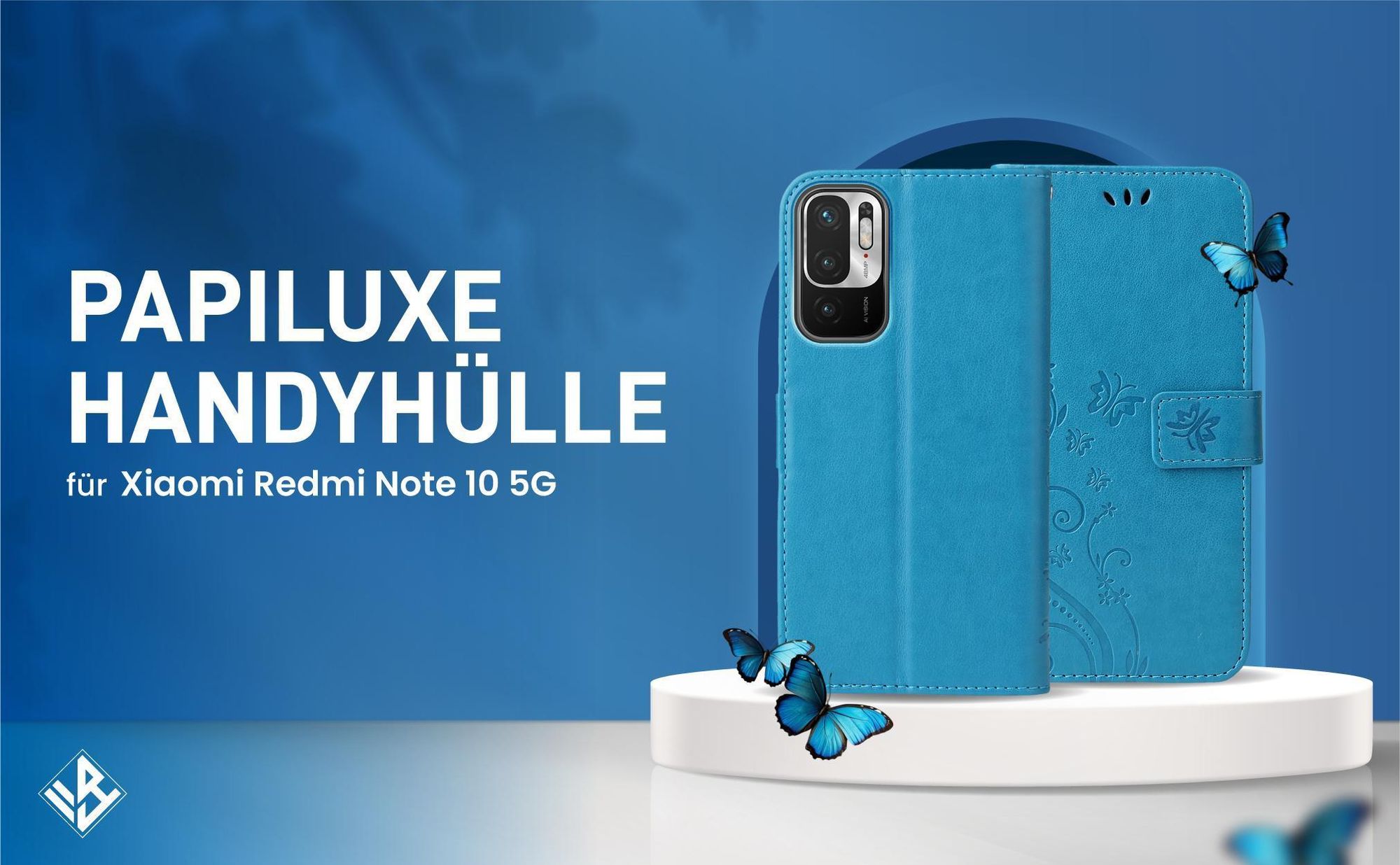 Blaue Klapphülle im Schmetterling Design für Xiaomi Redmi Note 10 5G mit Wallet-Funktion