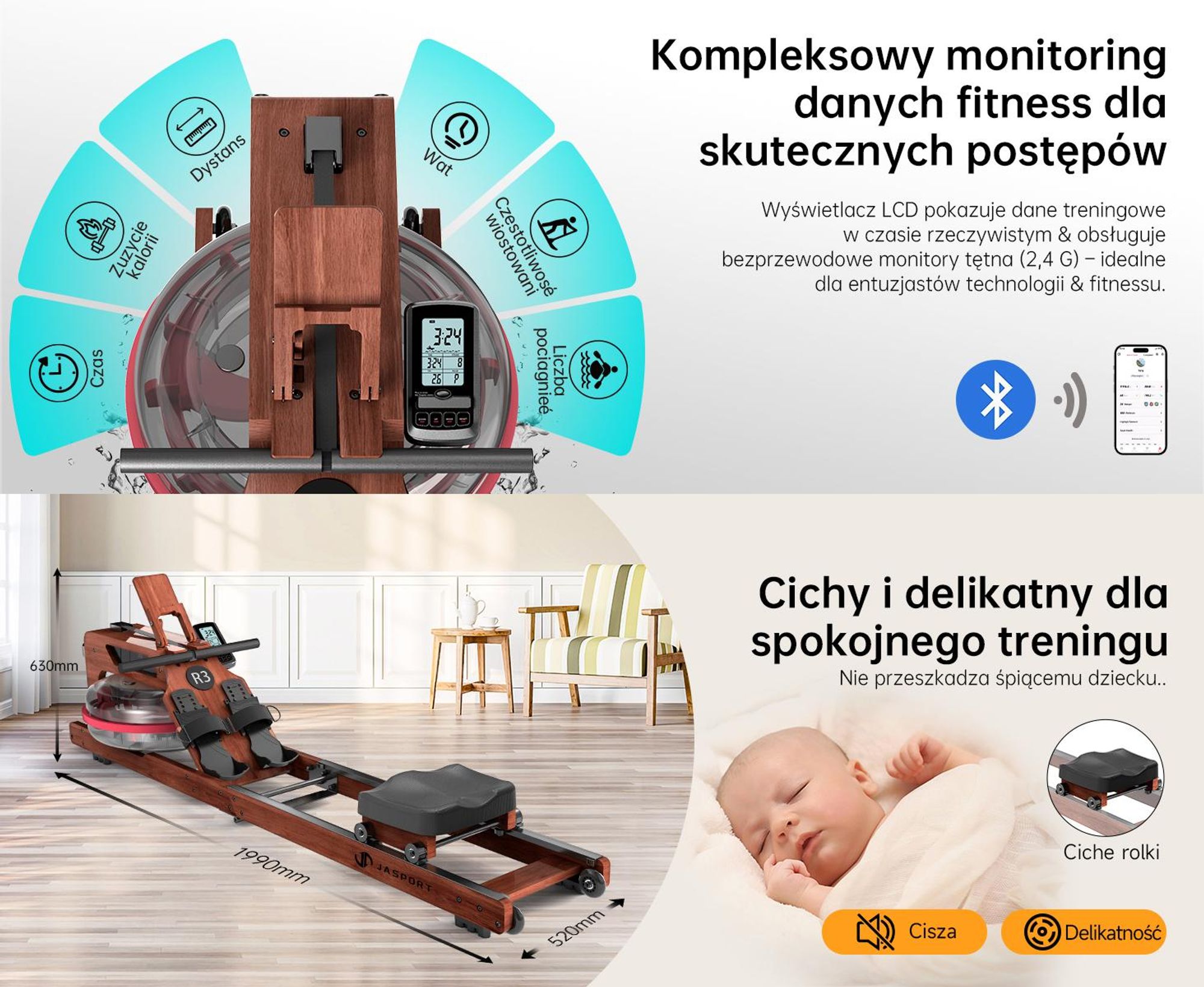 Składany wioślarz JASPORT R3 z wyświetlaczem LCD z funkcją Bluetooth, kompatybilny z Kinomap, 28-litrowy zbiornik na wodę, udźwig do 150 kg