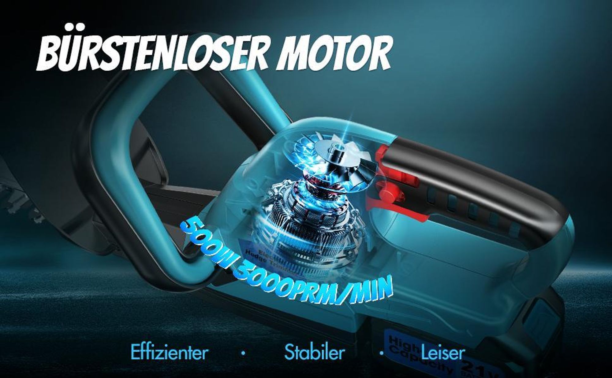 500W Akku Heckenschere mit Bürstenlosem Motor–530 mm Schnittlänge, kompatibel für Makita 18V Akku,für Hecken & Sträucher,20 mm Schnittstärke,onhe akku