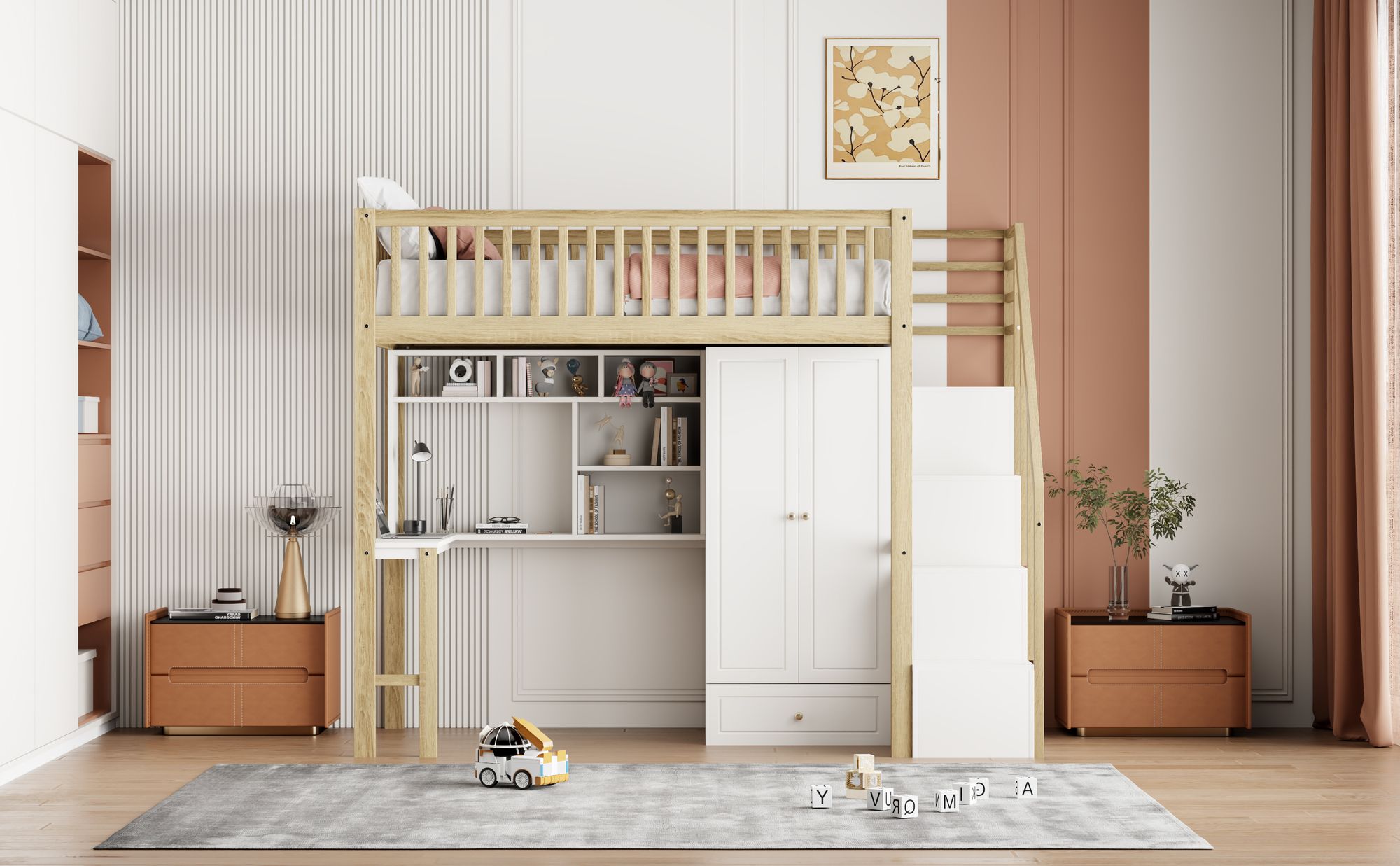 Merax Etagenbett 90x200cm mit Kleiderschrank, Hochbett mit Schreibtisch und Regal, Kinderbett mit Stauraumtreppe und Rausfallschutz, Holz Stockbett