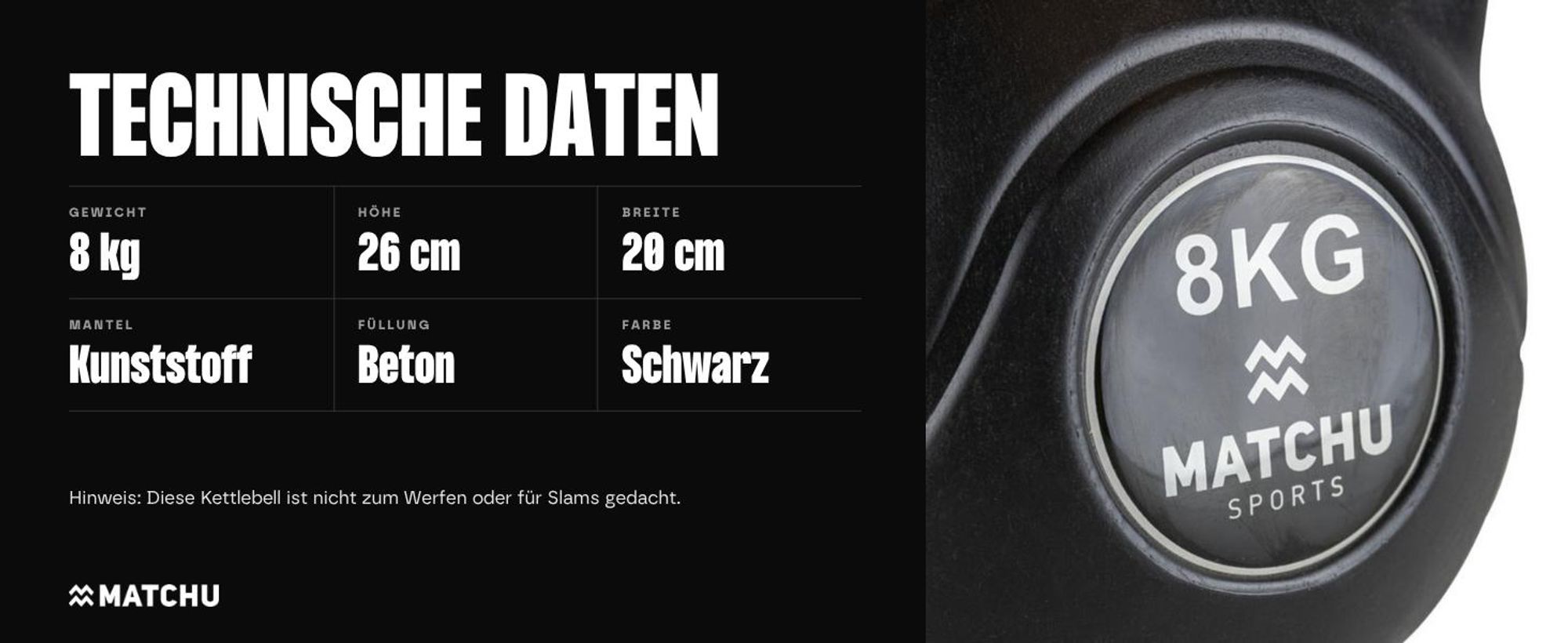 Matchu Sports Kettlebell 8 kg - Schwarz - 20cm - 26cm - Kugelhantel aus Kunststoff