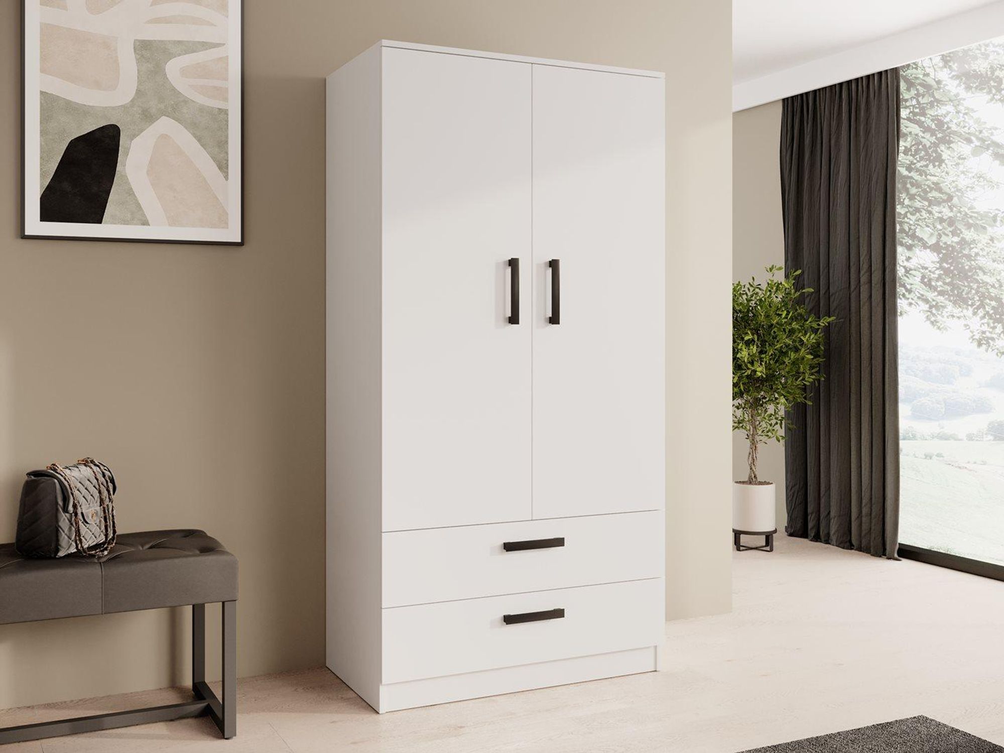 BEAUTYSOFA | Skříň s otočnými dveřmi TREND 90 cm bílá, moderní skříň se zásuvkami, tyčí na ramínka a policemi – systém Soft-Close