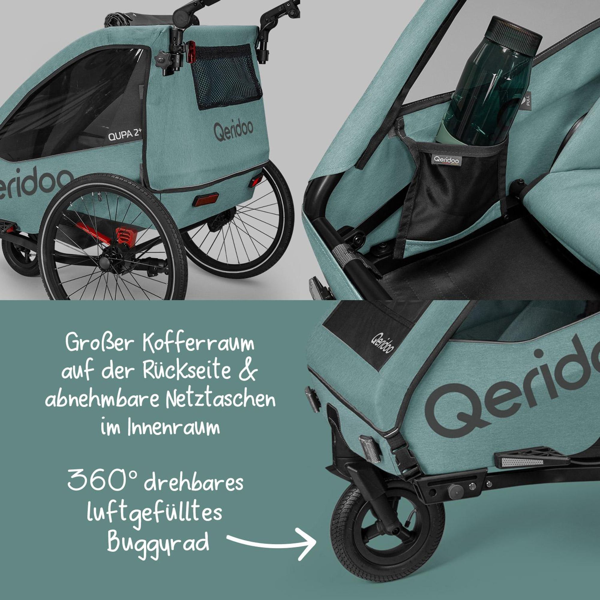 Qeridoo QUPA Plus 2 - Kinderfahrradanhänger für 2 Kinder, Farbe: Mineral Blue