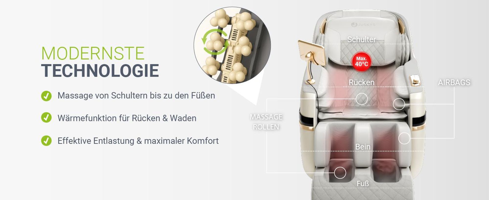 Juskys Massagesessel Naxos, elektronisch, Bluetooth & Heizung – Weiß / Hellgrau