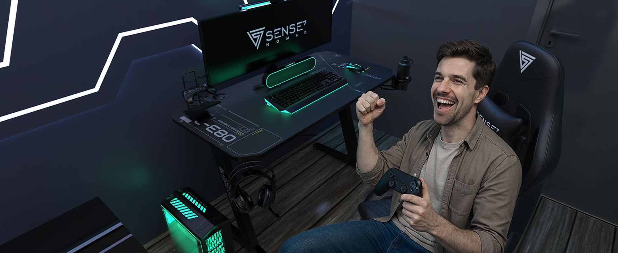 SENSE7 Nomad Cybernetic herný stôl 120 x 60 cm vrátane podložky pod myš XXL, počítačový stôl, stôl pre PC, herný stôl, malý písací stôl, detská izba