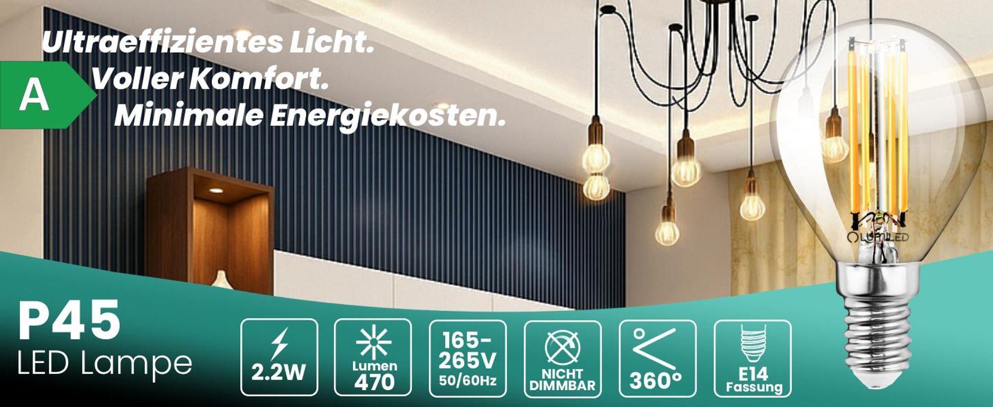 LUMILED LED 6er Set Golfball Lampe P45 E14 Ultraeffizient 2.2W 470lm Ersatz 40W 4000K Neutralweiß Filament Klar Glas Tropfenform 360° Abstrahlwinkel Nicht Dimmbar 6 Stück