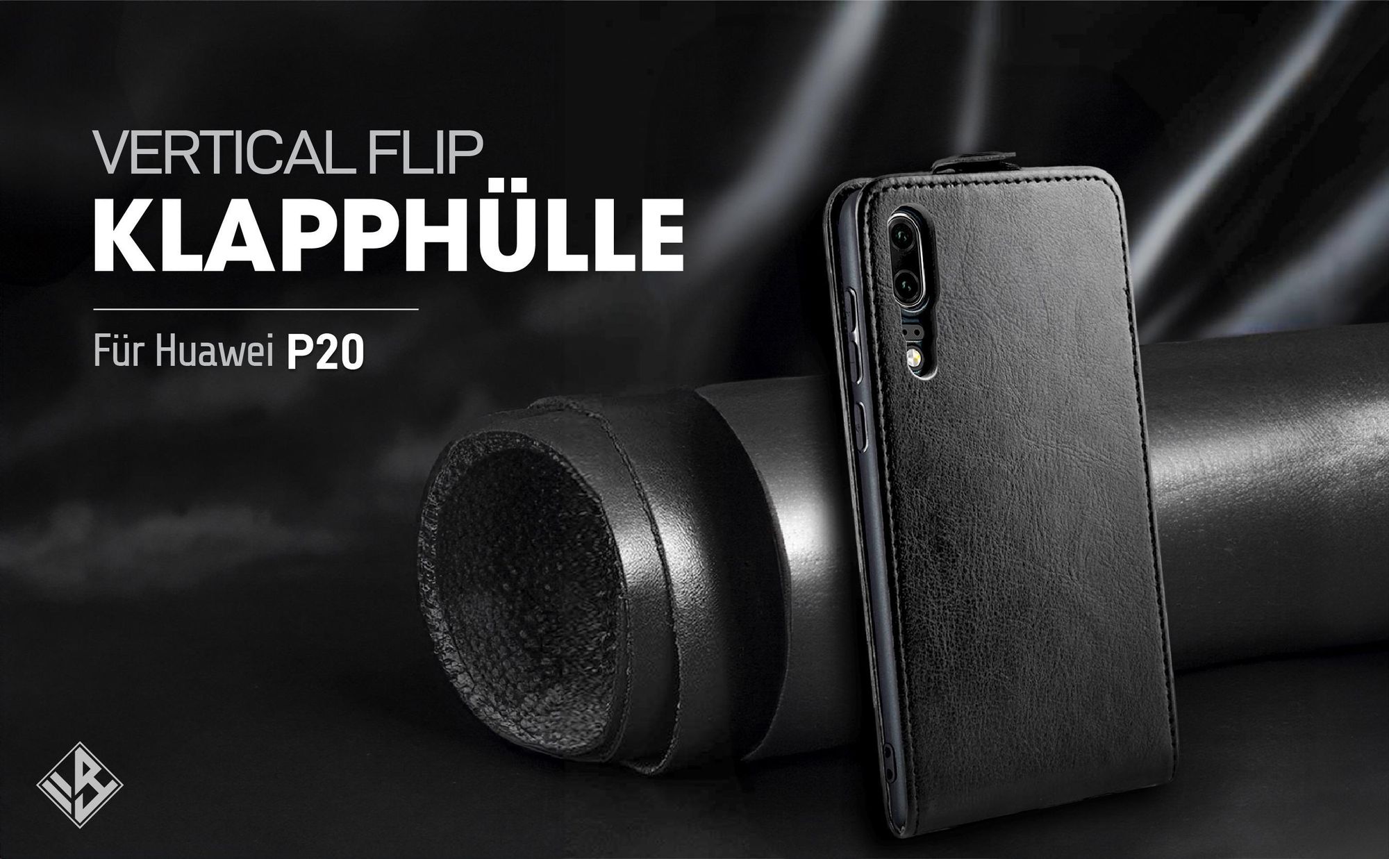 Vertikal aufklappende Handyhülle in Schwarz für Huawei P20