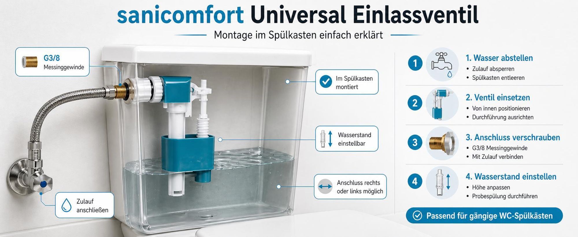 sanicomfort Universal Füllventil für WC-Spülkasten, Schwimmerventil Einlassventil mit Messing-Gewinde G3/8, Wasserstand einstellbar, für Aufputz- & Unterputz-Spülkästen