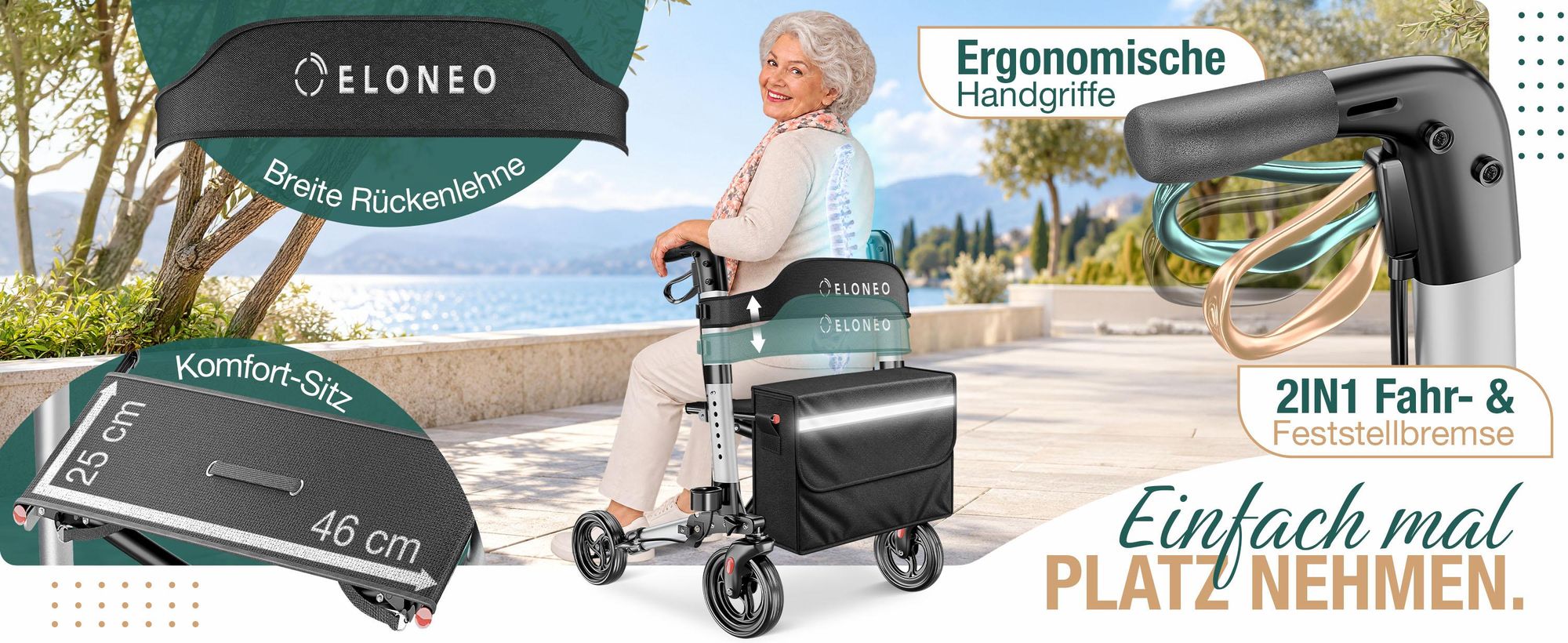 ELONEO Rollator faltbar und leicht mit Sitz, Leichtgewicht-Reiserollator aus Aluminium, Gehhilfe 8-fach höhenverstellbar, Laufhilfe 3-fach faltbar