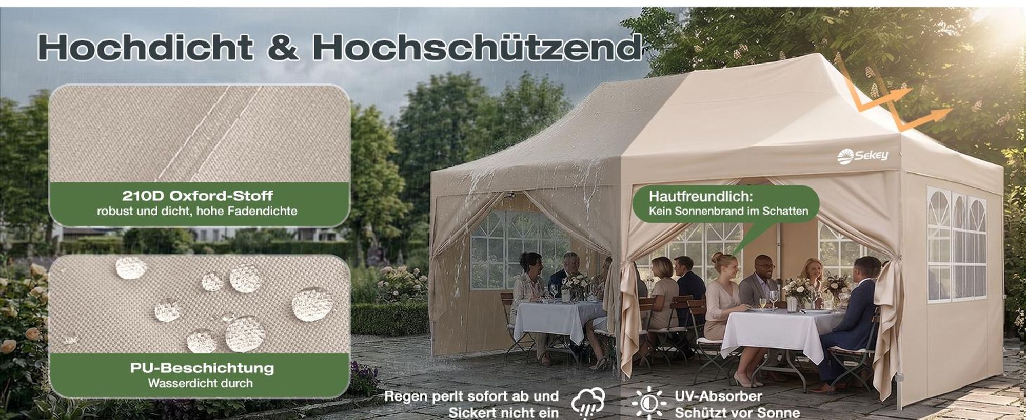 Sekey Faltpavillon 3x6 Wasserdicht mit 6 Seitenwänden, UV50+ Gartenpavillon Partyzelt, Taupe