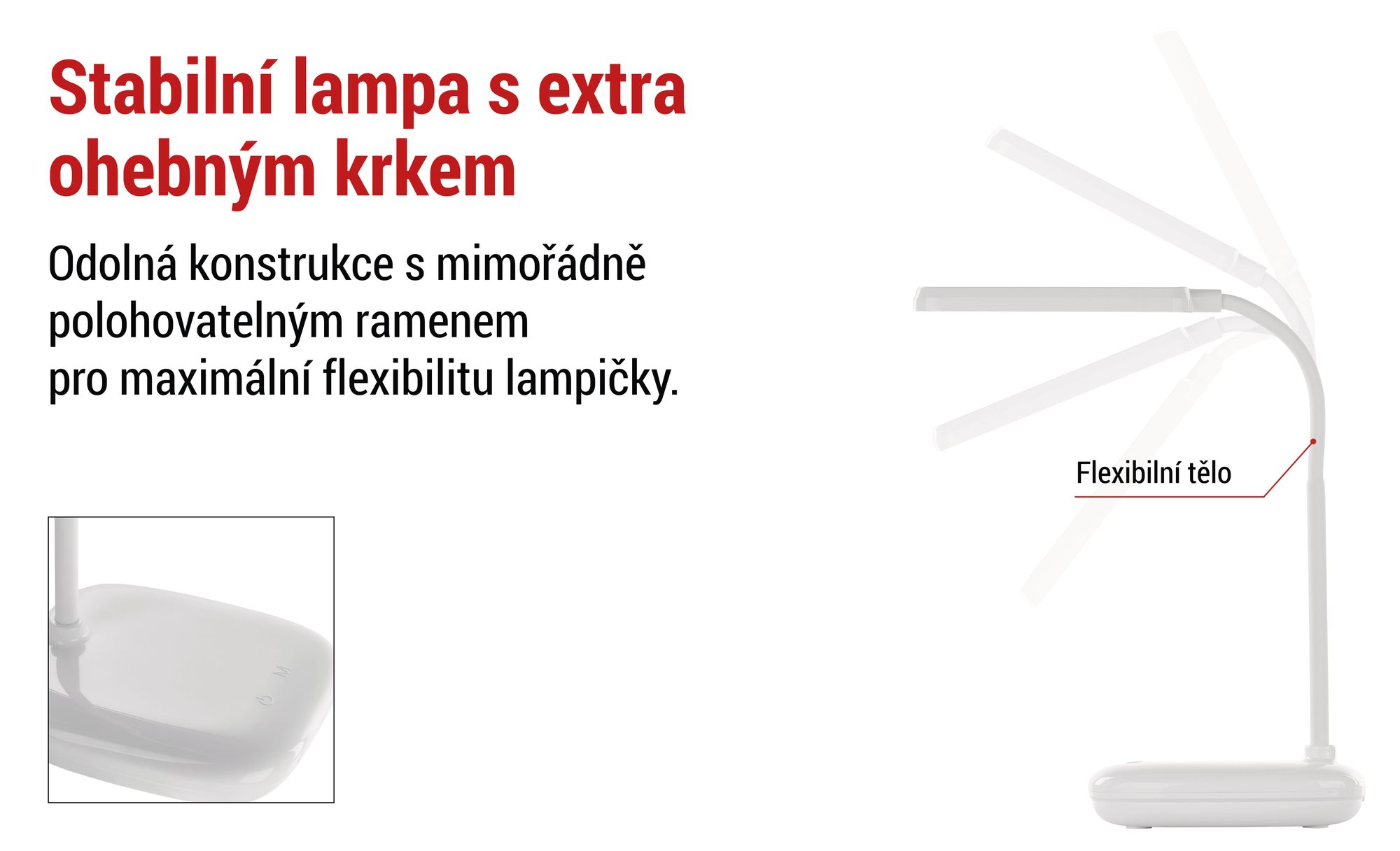EMOS LED stolní lampa MOLLY 12W, jas 650lm, stmívatelná, nast. barva světla, flexibilní rameno lampy, 1,5m kabel + adaptér, bílá, Z7638W